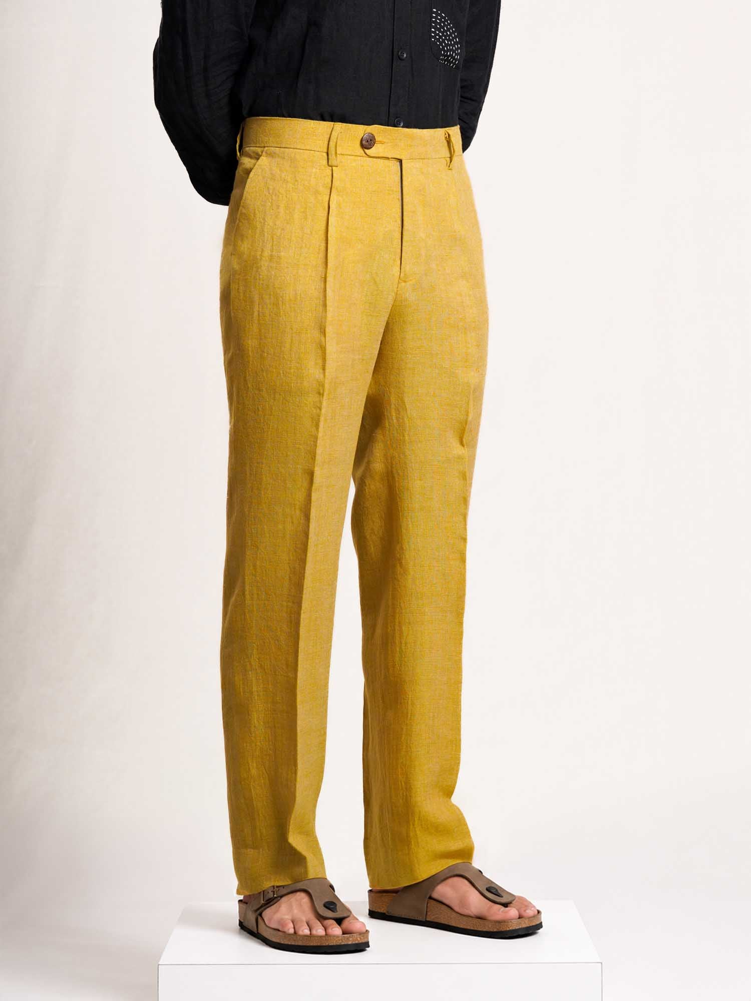 Mustered Yellow Linen Men's Pant