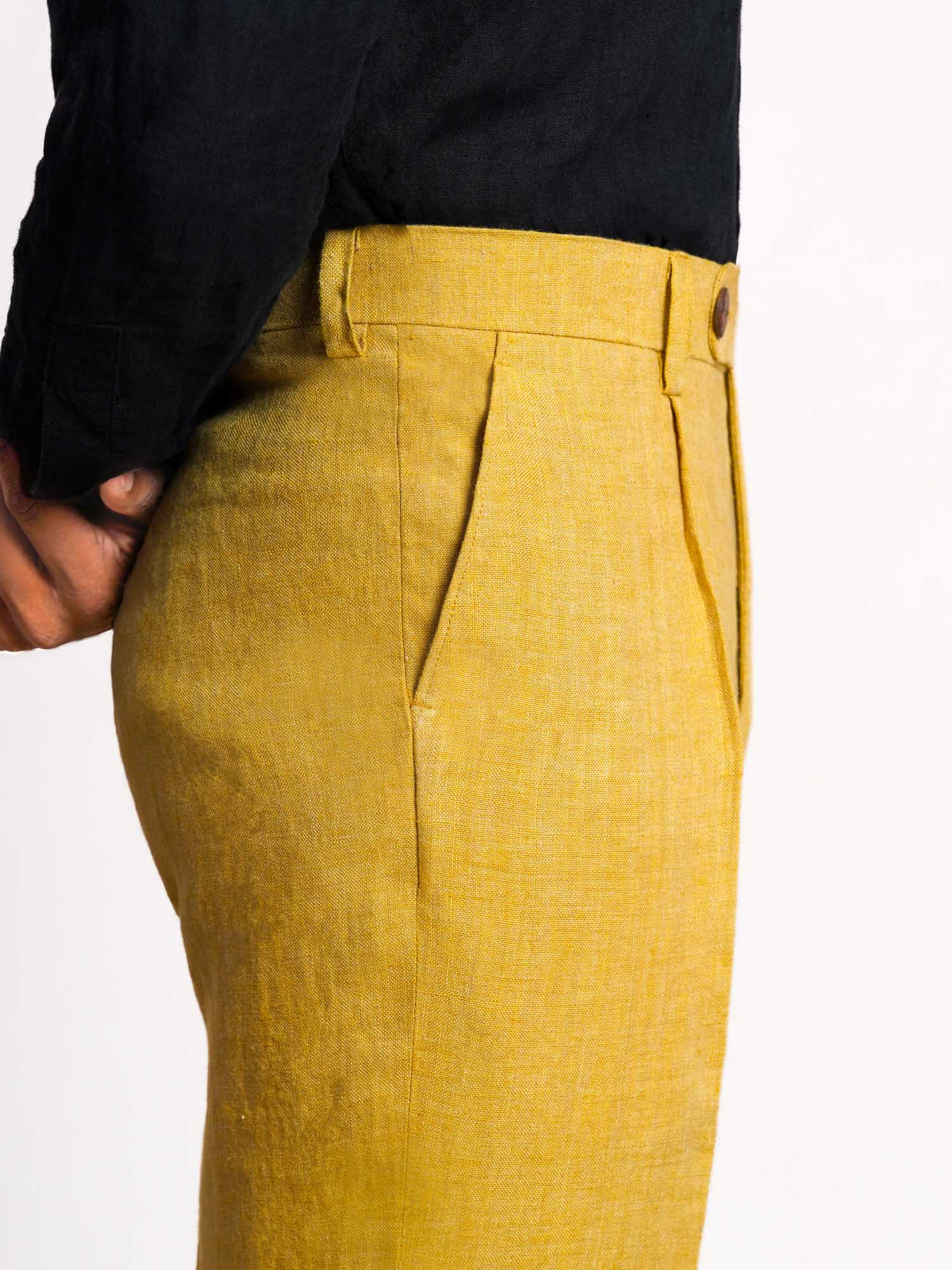 Mustered Yellow Linen Men's Pant