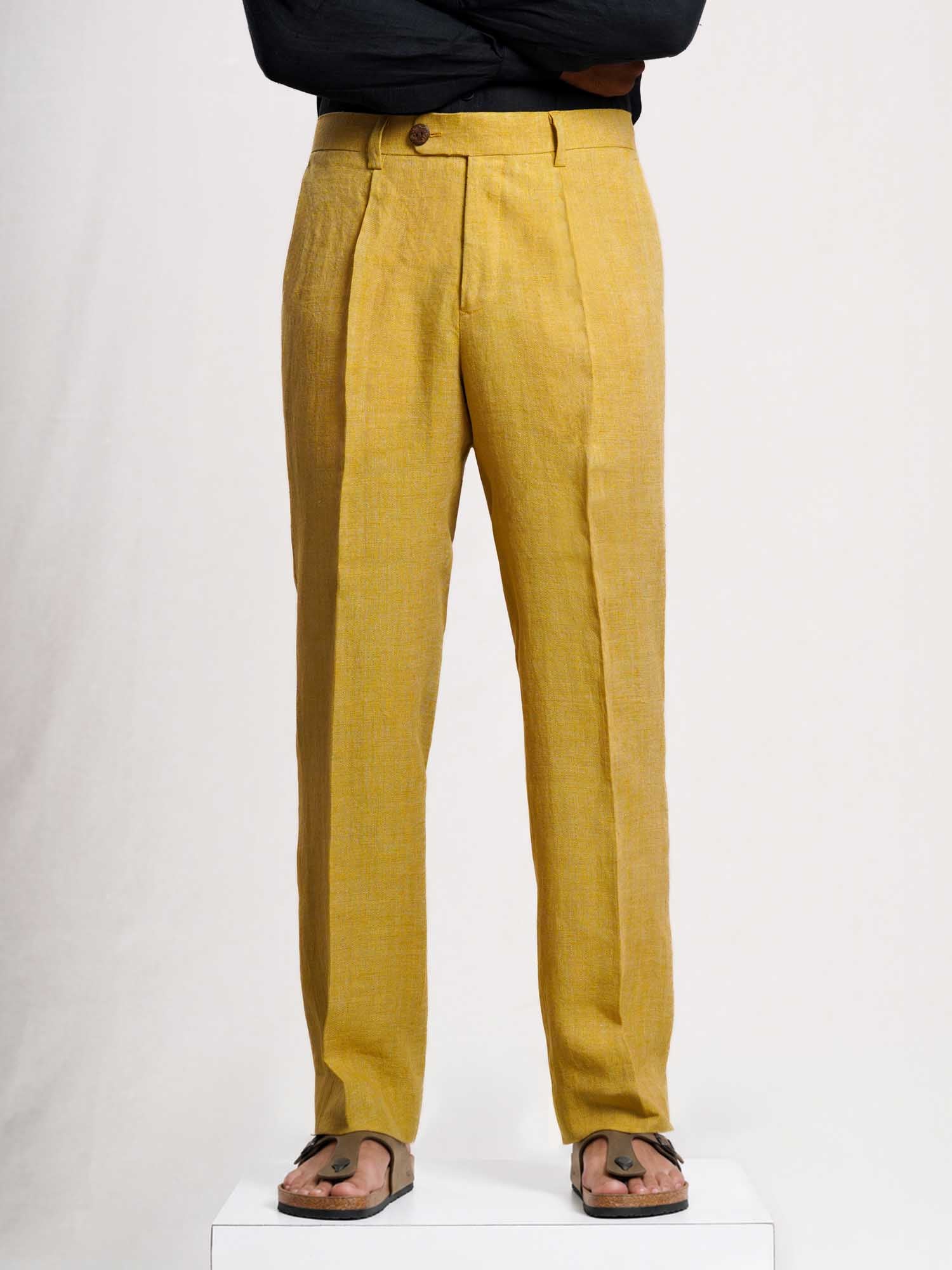 Mustered Yellow Linen Men's Pant