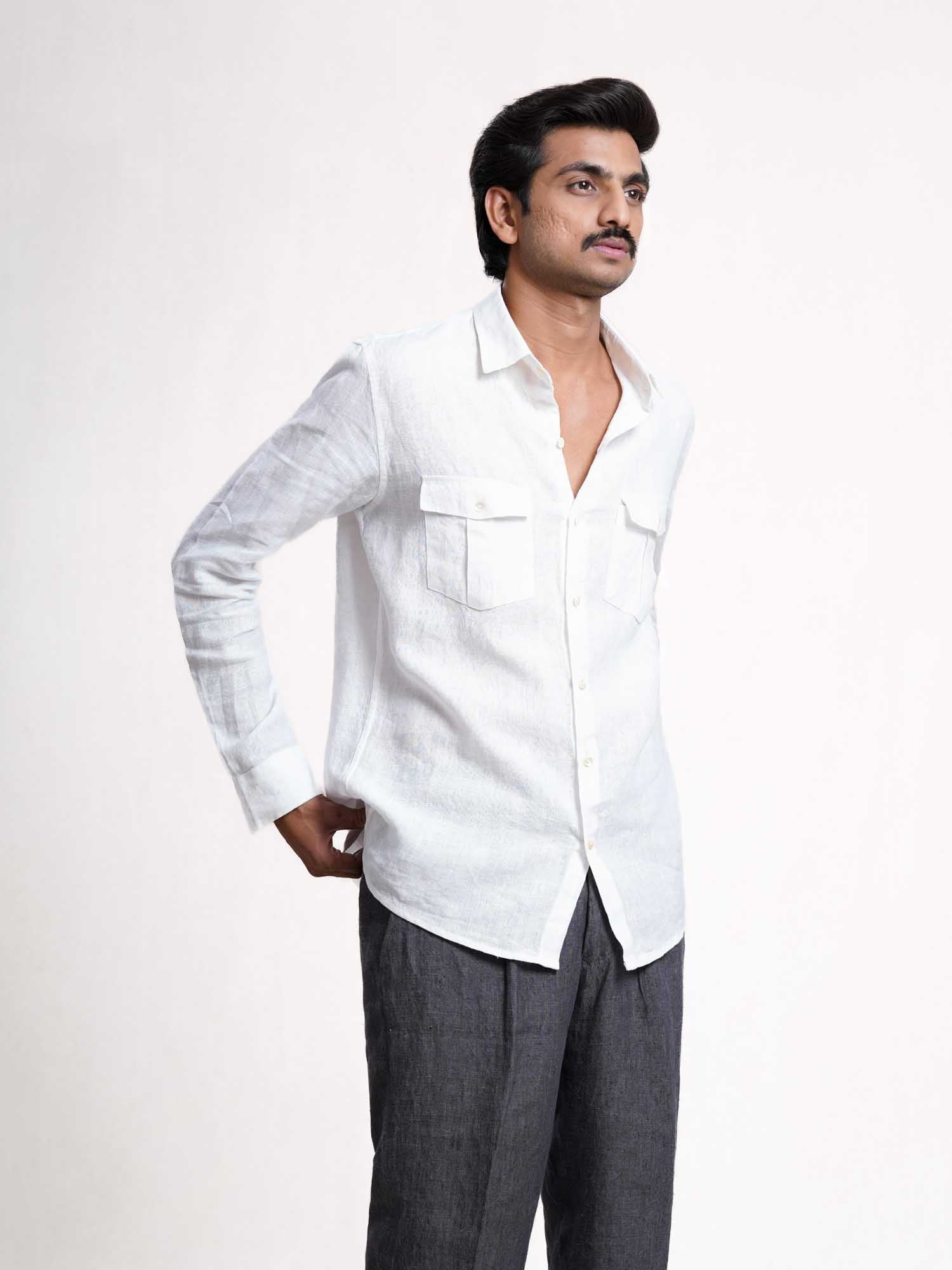 White Linen Double Pocket Men’s Shirt
