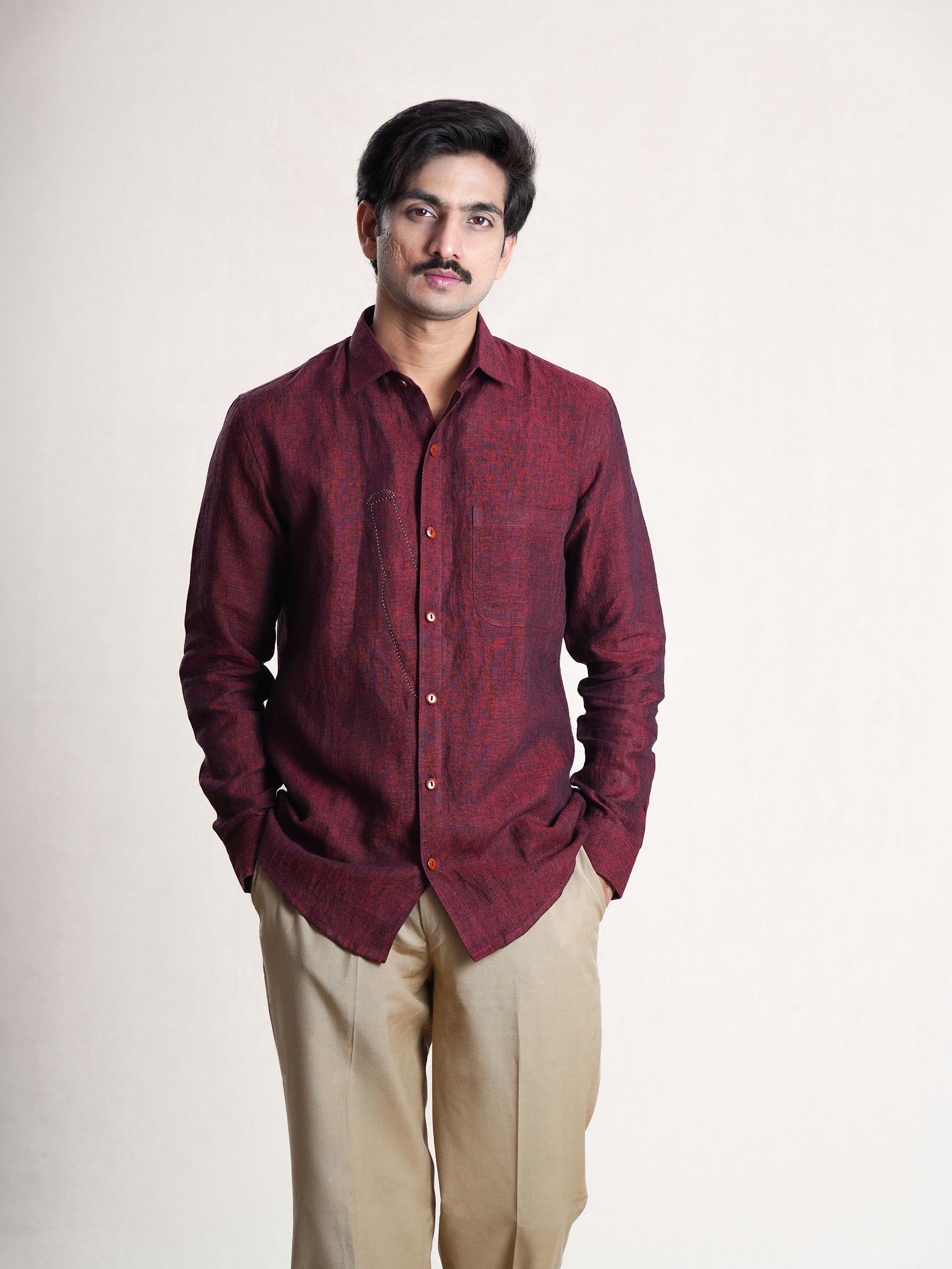 Wine Linen Hand Embroidered Men’s Shirt