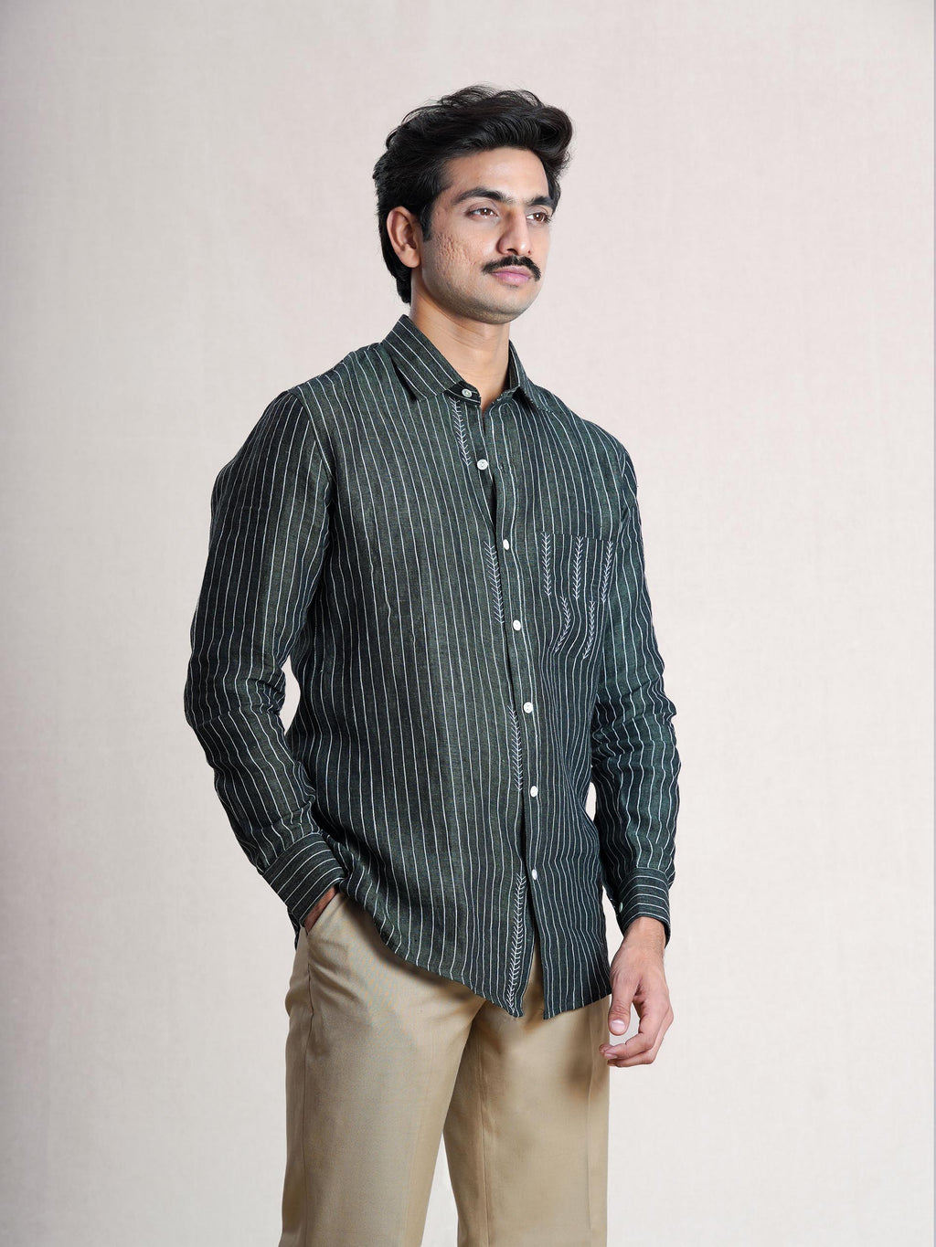 Green Linen Hand Embroidered Men’s Shirt