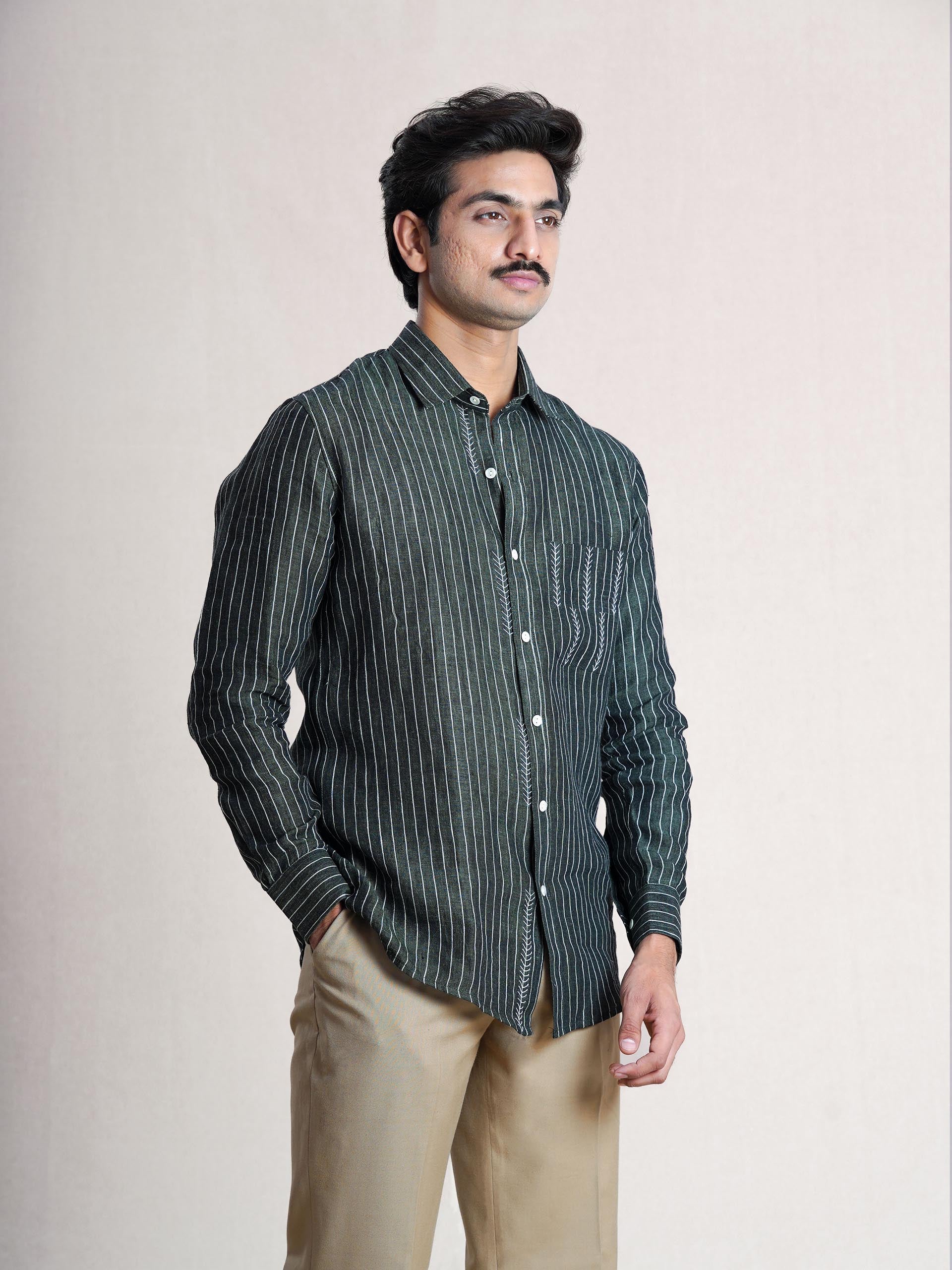 Green Linen Hand Embroidered Men’s Shirt