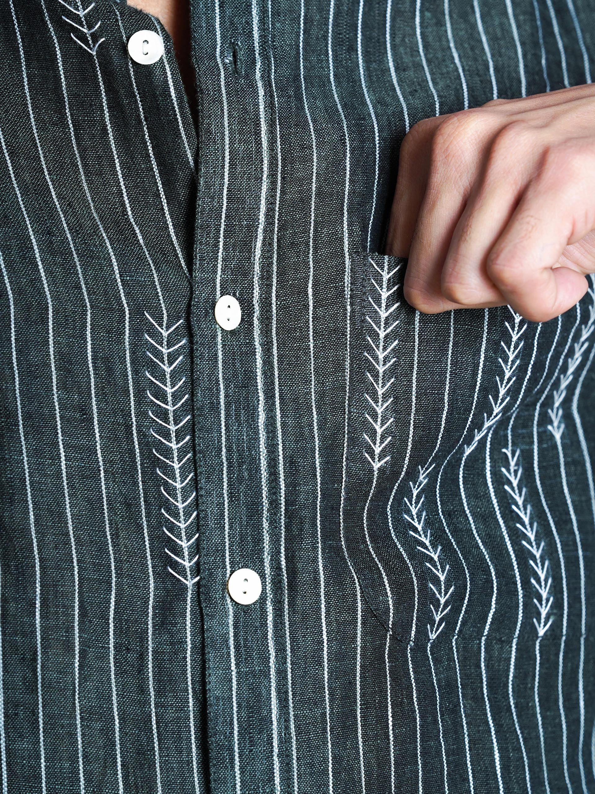 Green Linen Hand Embroidered Men’s Shirt