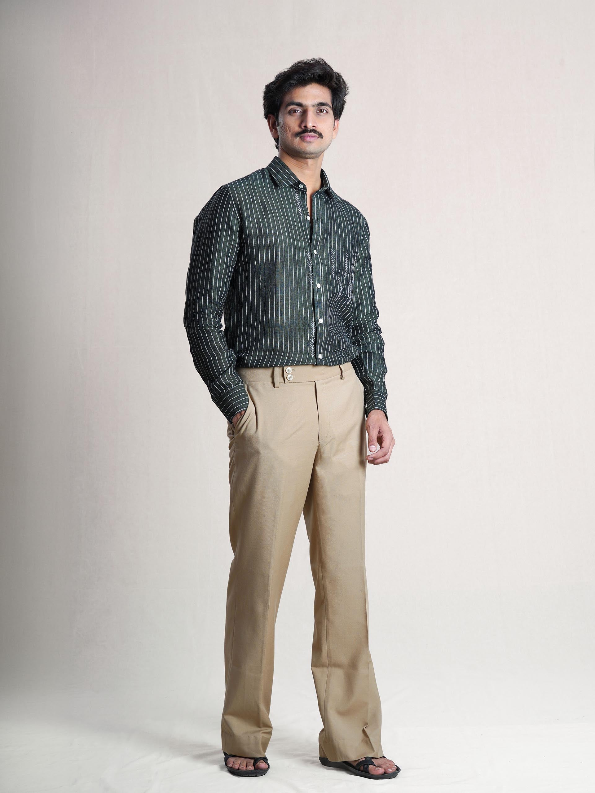 Green Linen Hand Embroidered Men’s Shirt