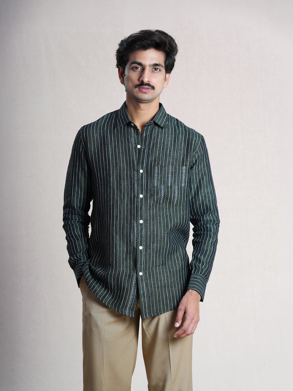 Green Linen Hand Embroidered Men’s Shirt