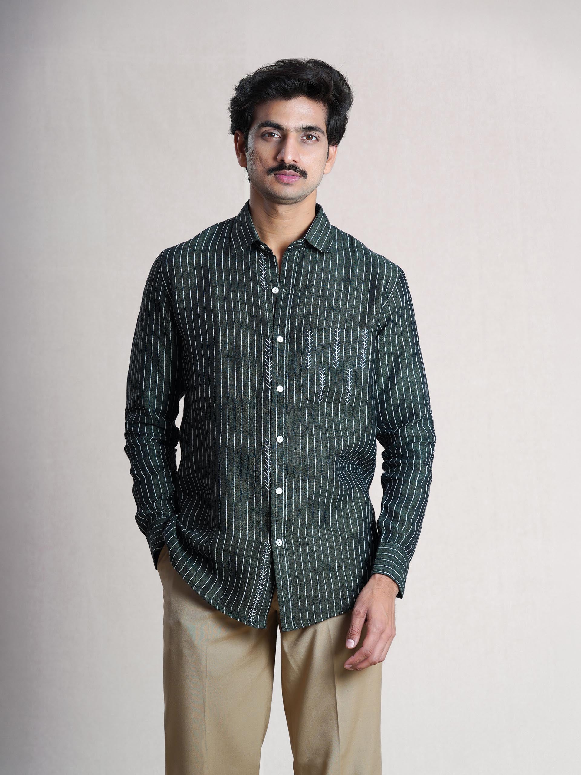 Green Linen Hand Embroidered Men’s Shirt