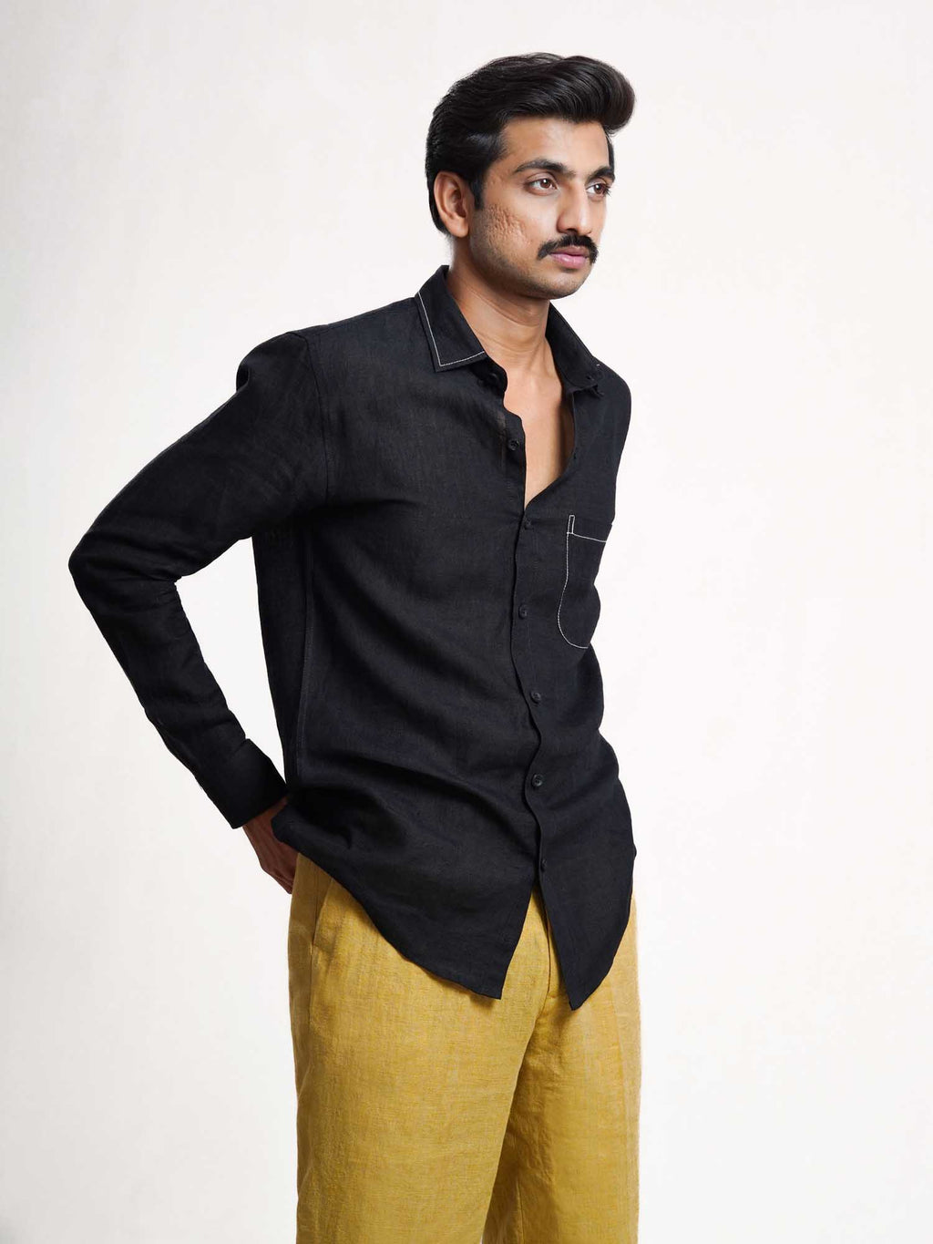 Black Linen Barley Embroidered Men’s Shirt