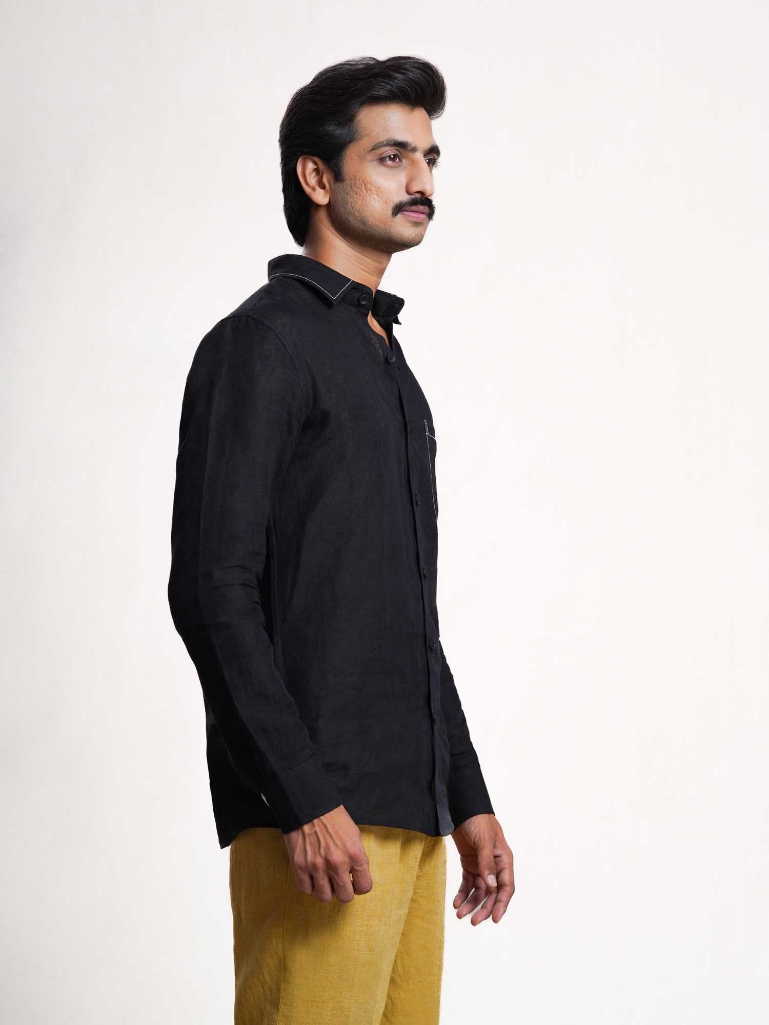 Black Linen Barley Embroidered Men’s Shirt