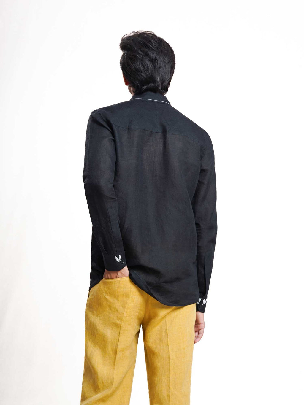 Black Linen Barley Embroidered Men’s Shirt