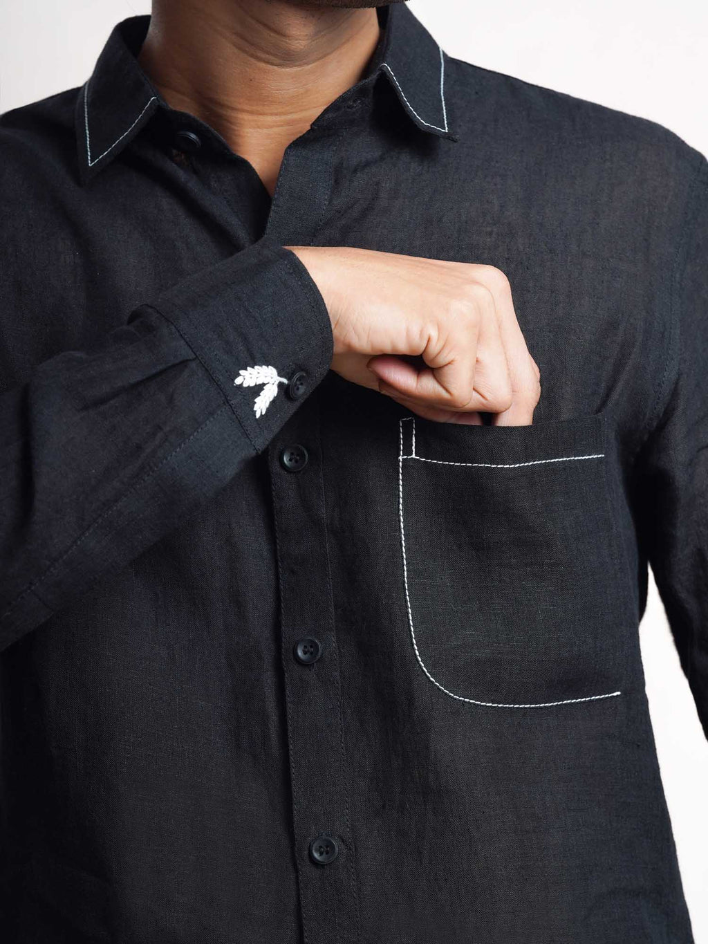 Black Linen Barley Embroidered Men’s Shirt