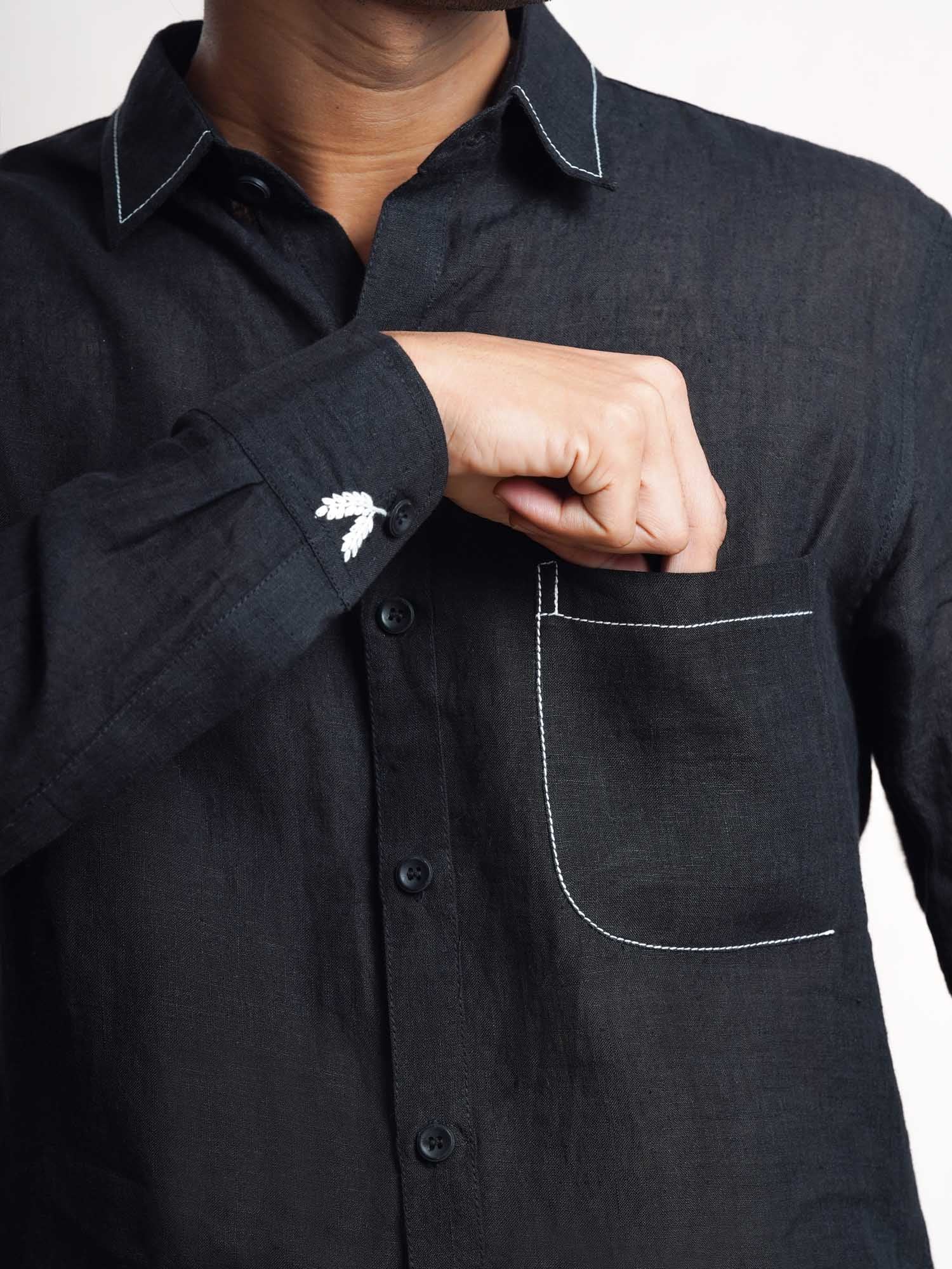 Black Linen Barley Embroidered Men’s Shirt