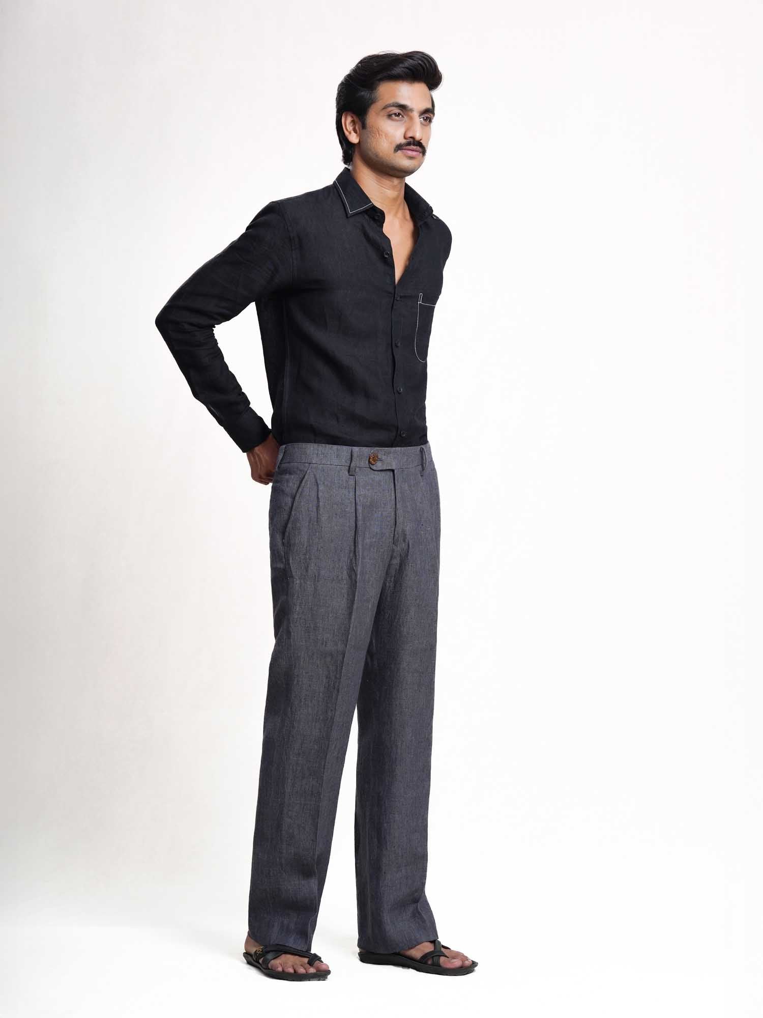 Black Linen Barley Embroidered Men’s Shirt