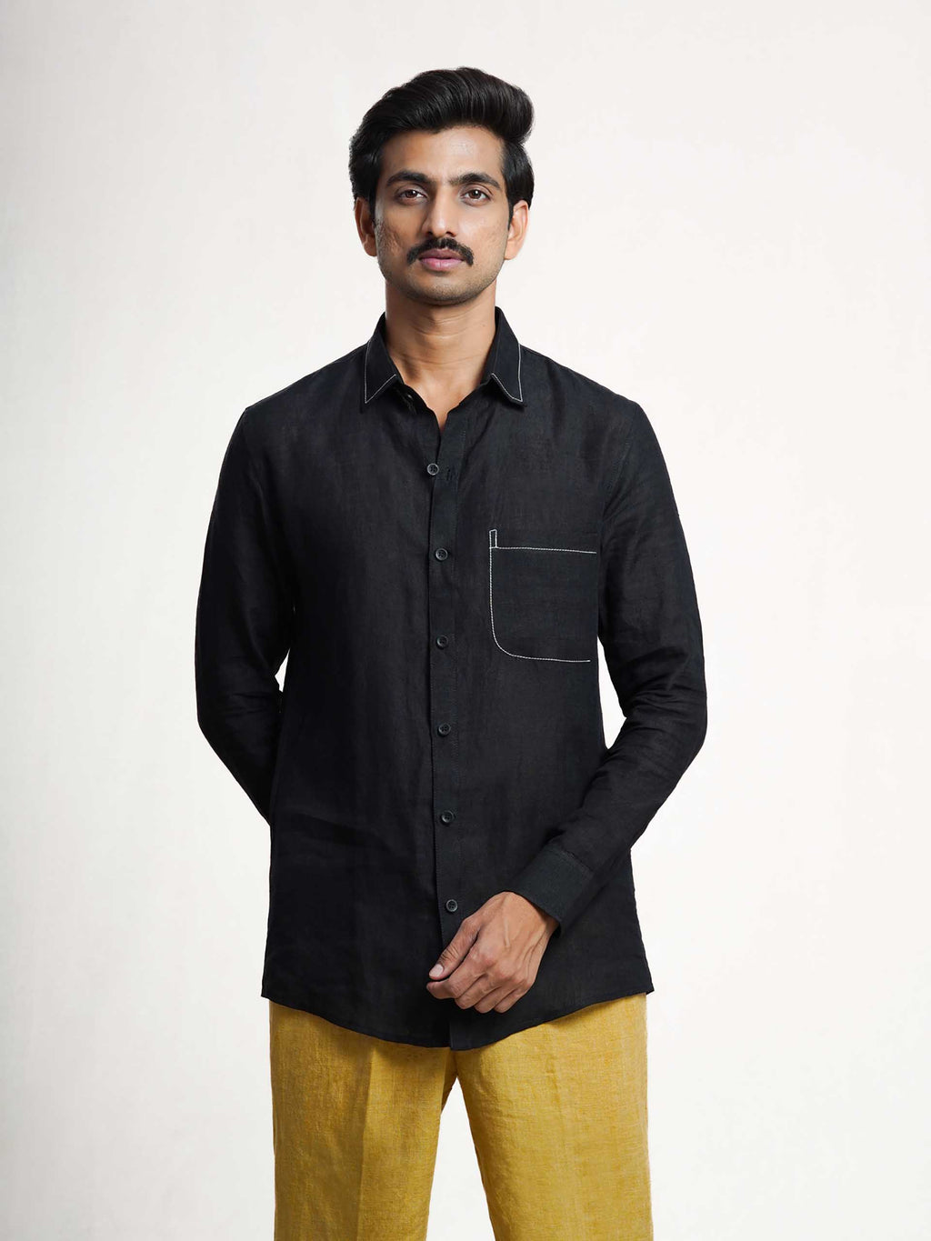 Black Linen Barley Embroidered Men’s Shirt