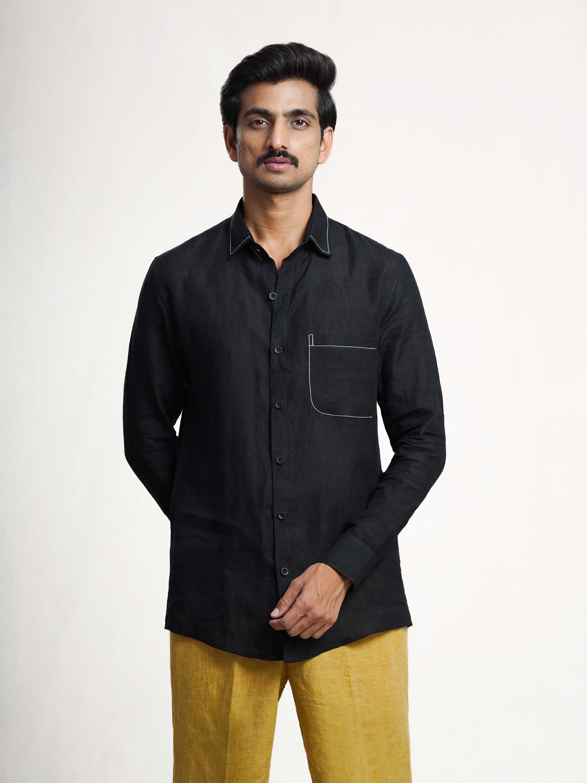Black Linen Barley Embroidered Men’s Shirt