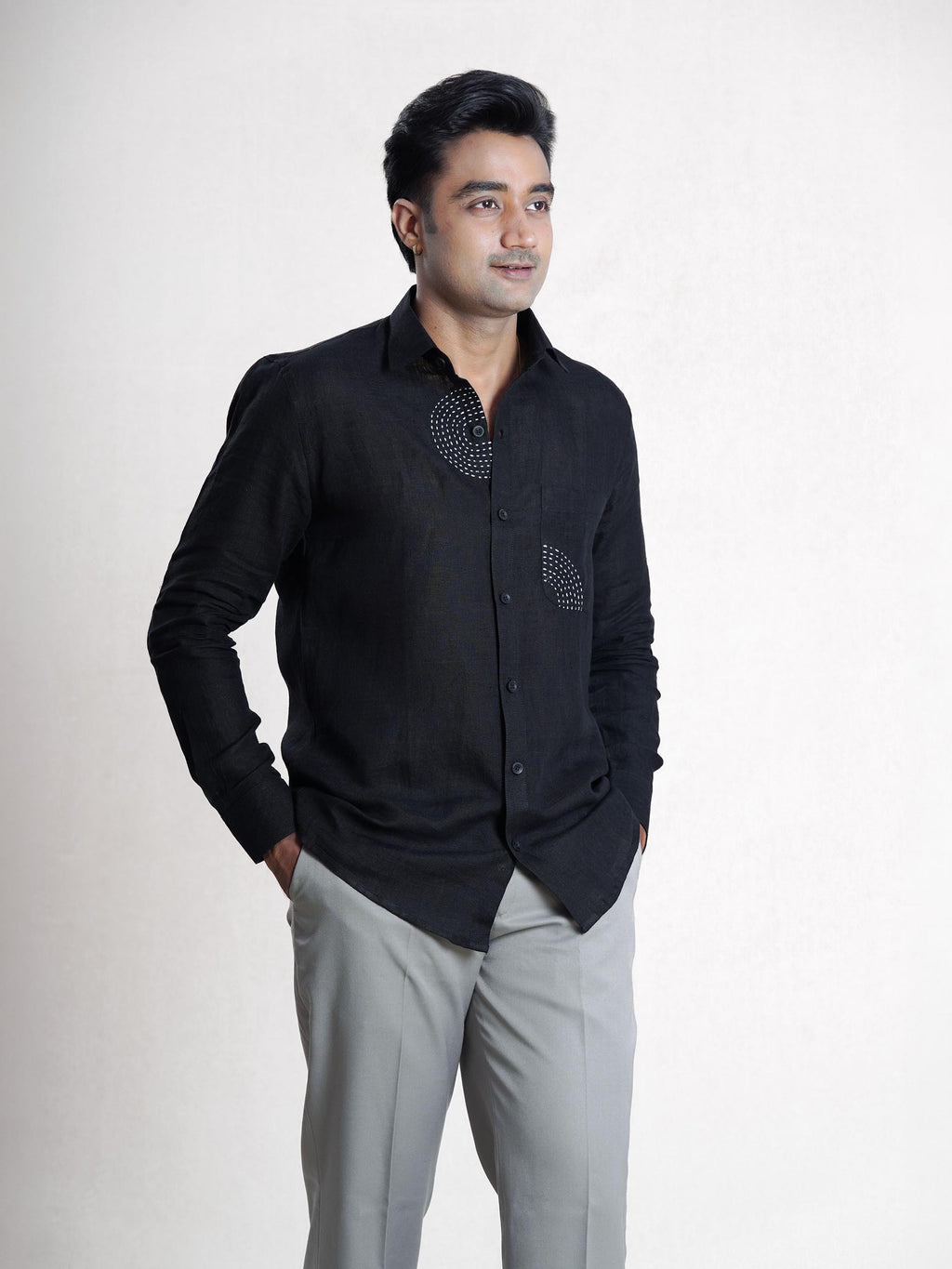 Black Linen Sujni Embroidered Men’s Shirt