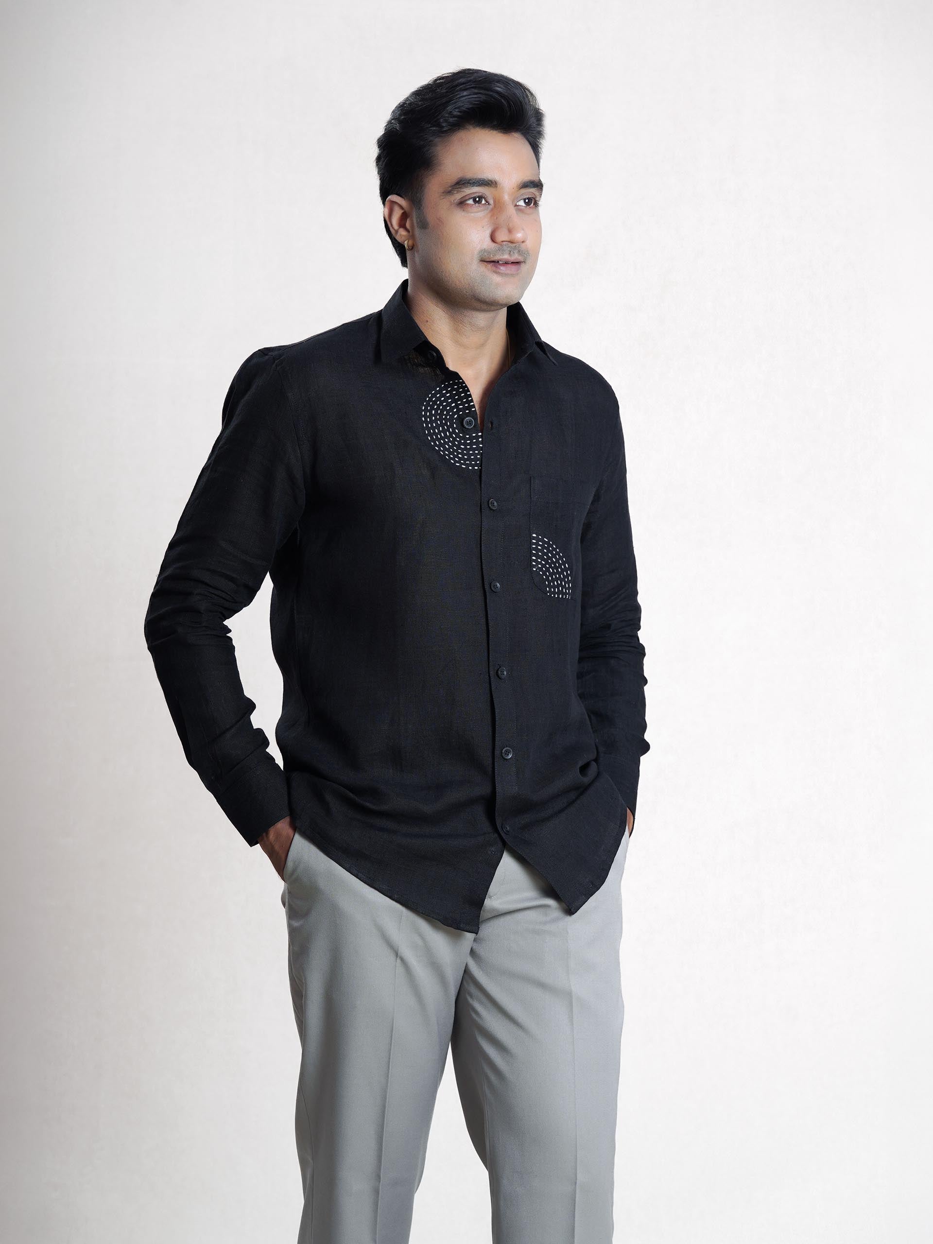 Black Linen Sujni Embroidered Men’s Shirt