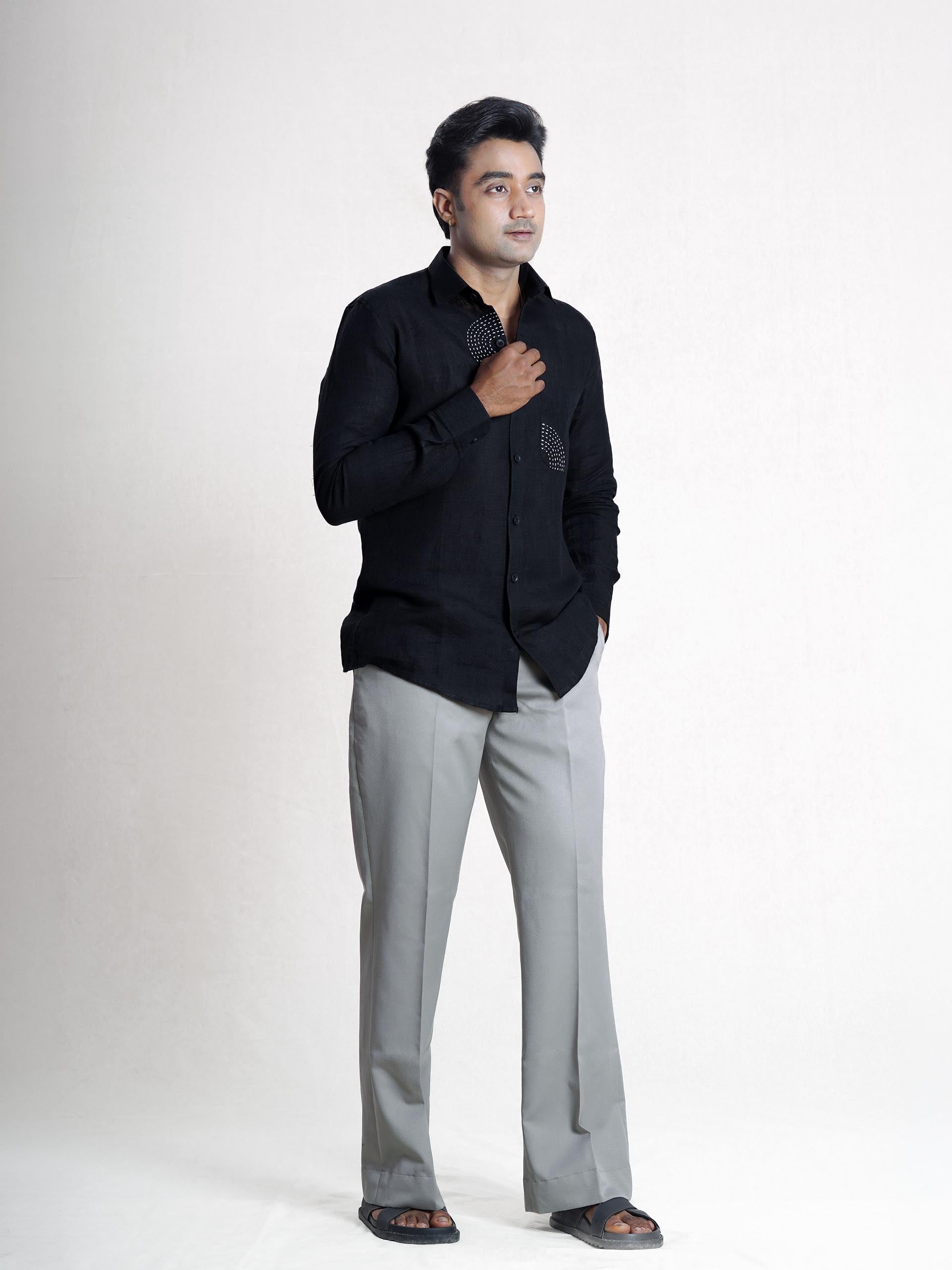 Black Linen Sujni Embroidered Men’s Shirt