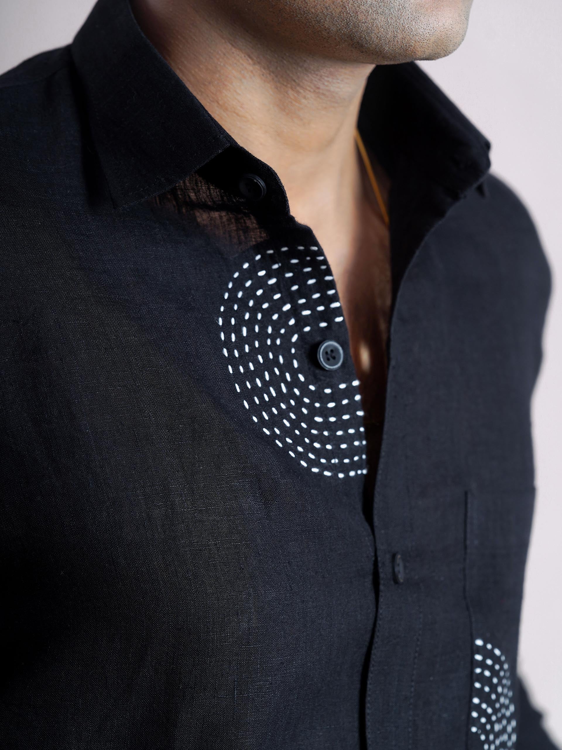 Black Linen Sujni Embroidered Men’s Shirt