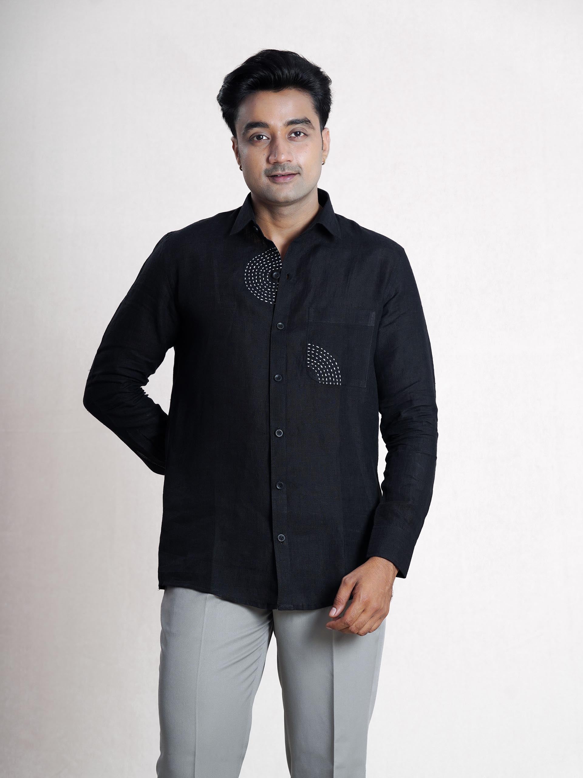 Black Linen Sujni Embroidered Men’s Shirt