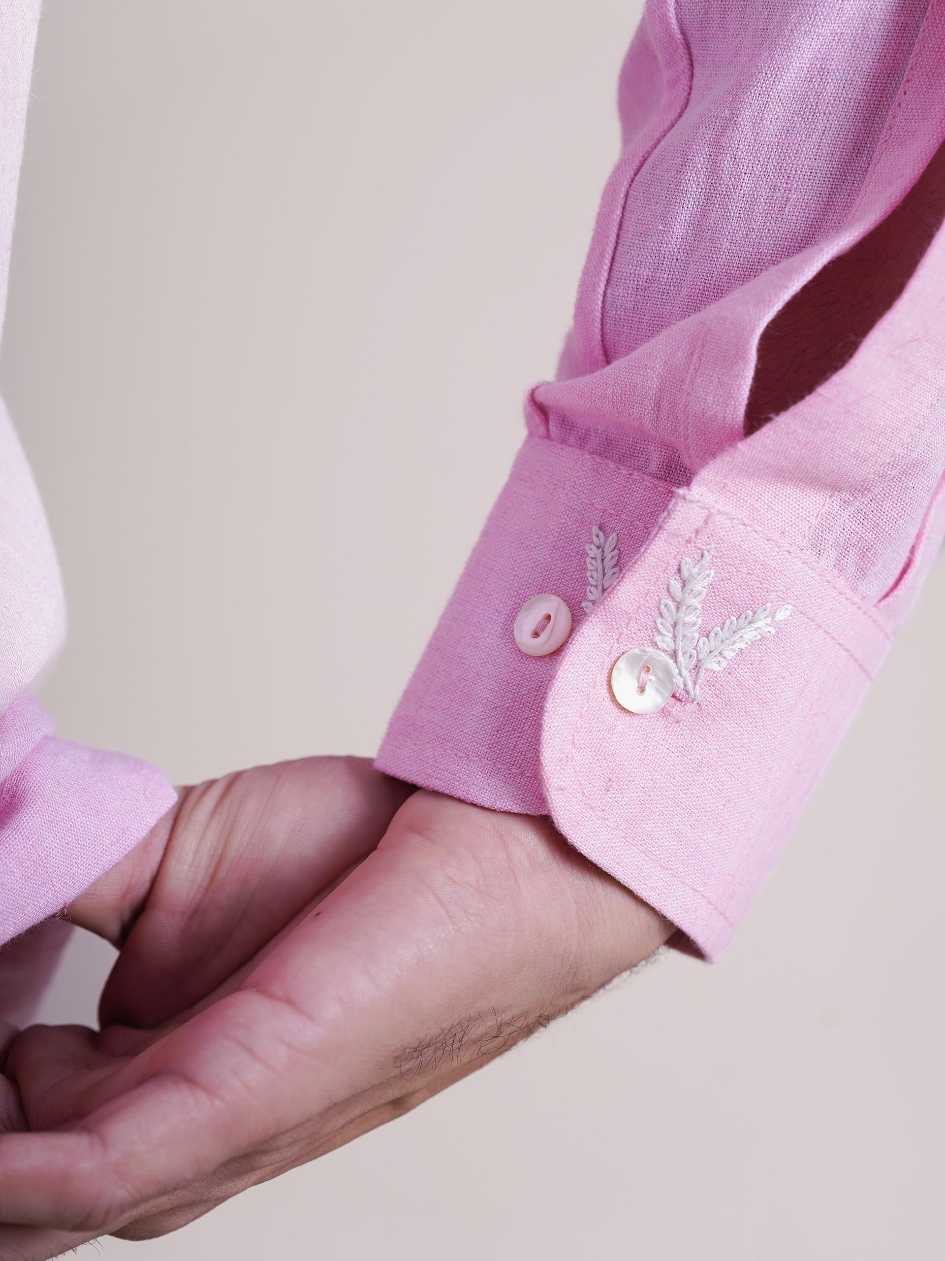 Pink Linen Barley Embroidered Men’s Shirt