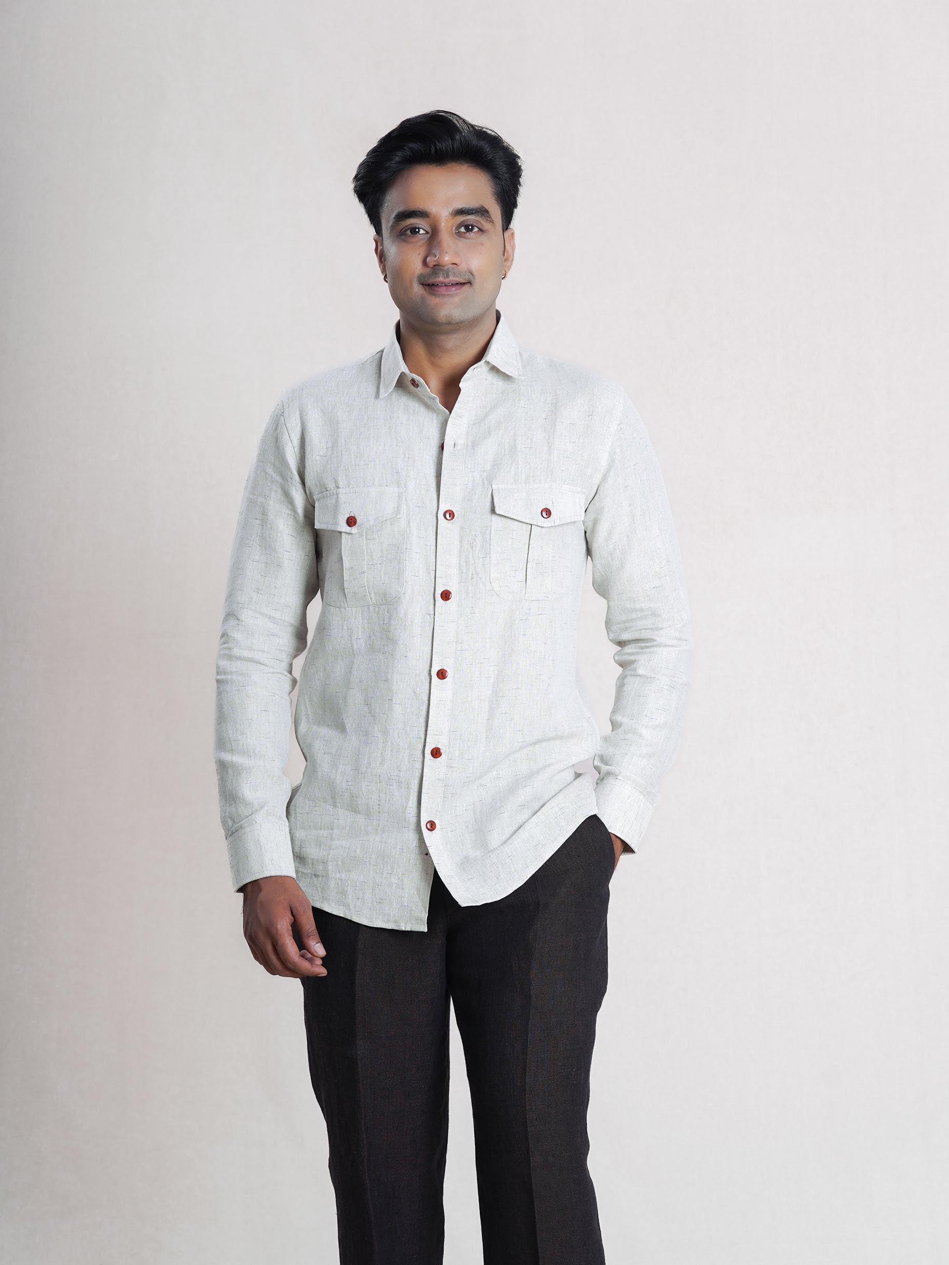 Off White Linen  Double Pocket Men’s Shirt