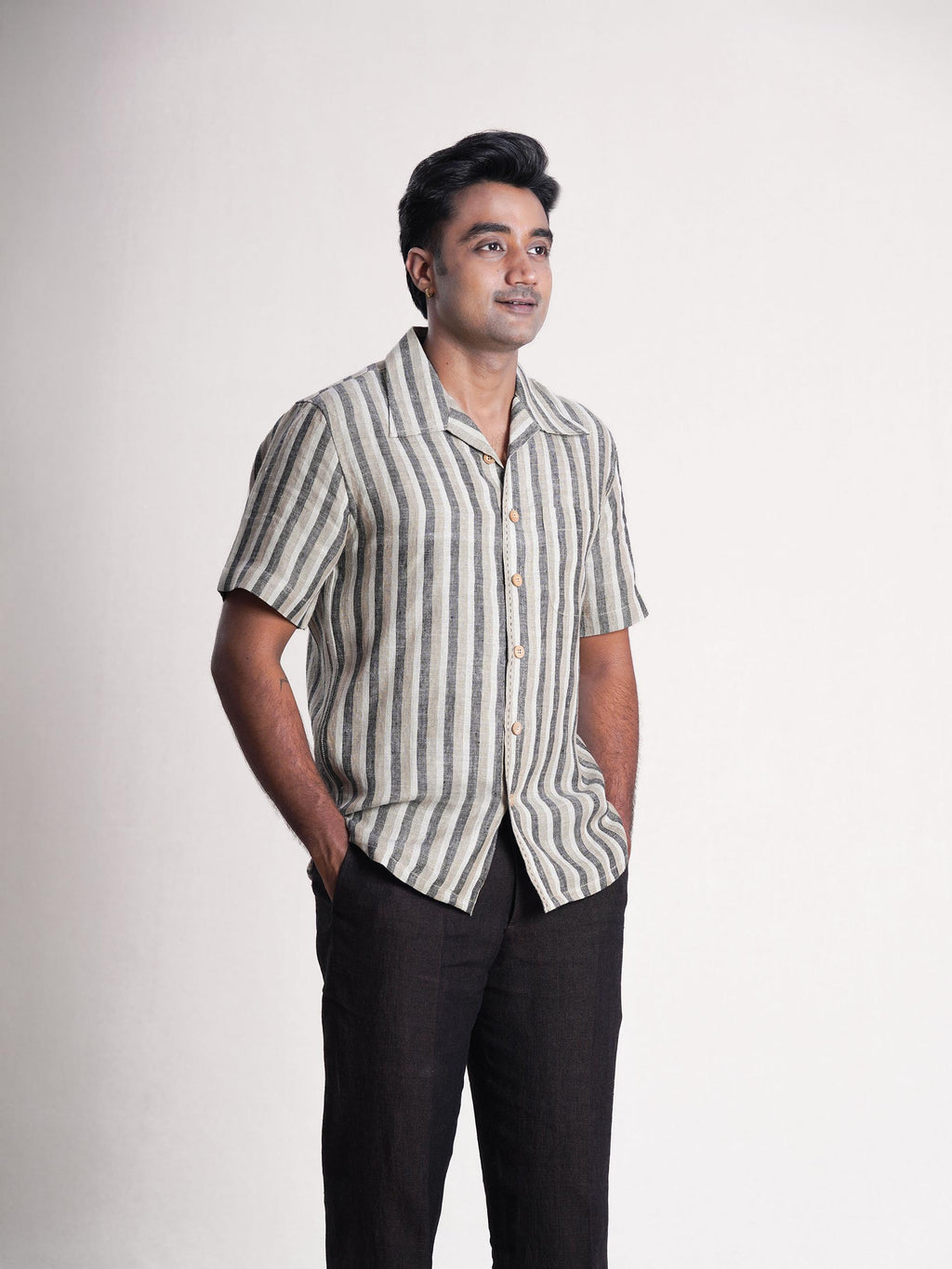 Khaki Striped Linen Men’s Shirt