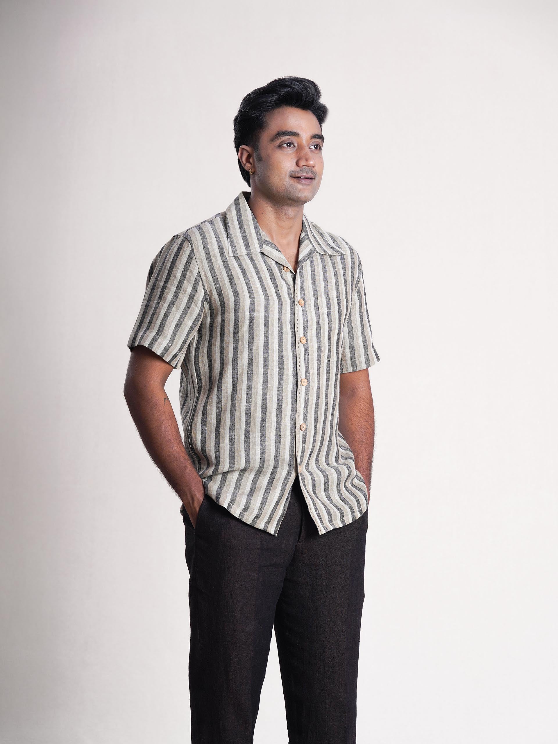 Khaki Striped Linen Men’s Shirt
