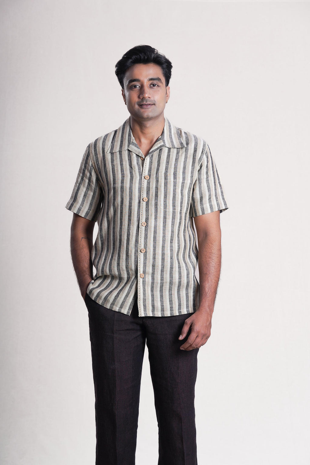 Khaki Striped Linen Men’s Shirt