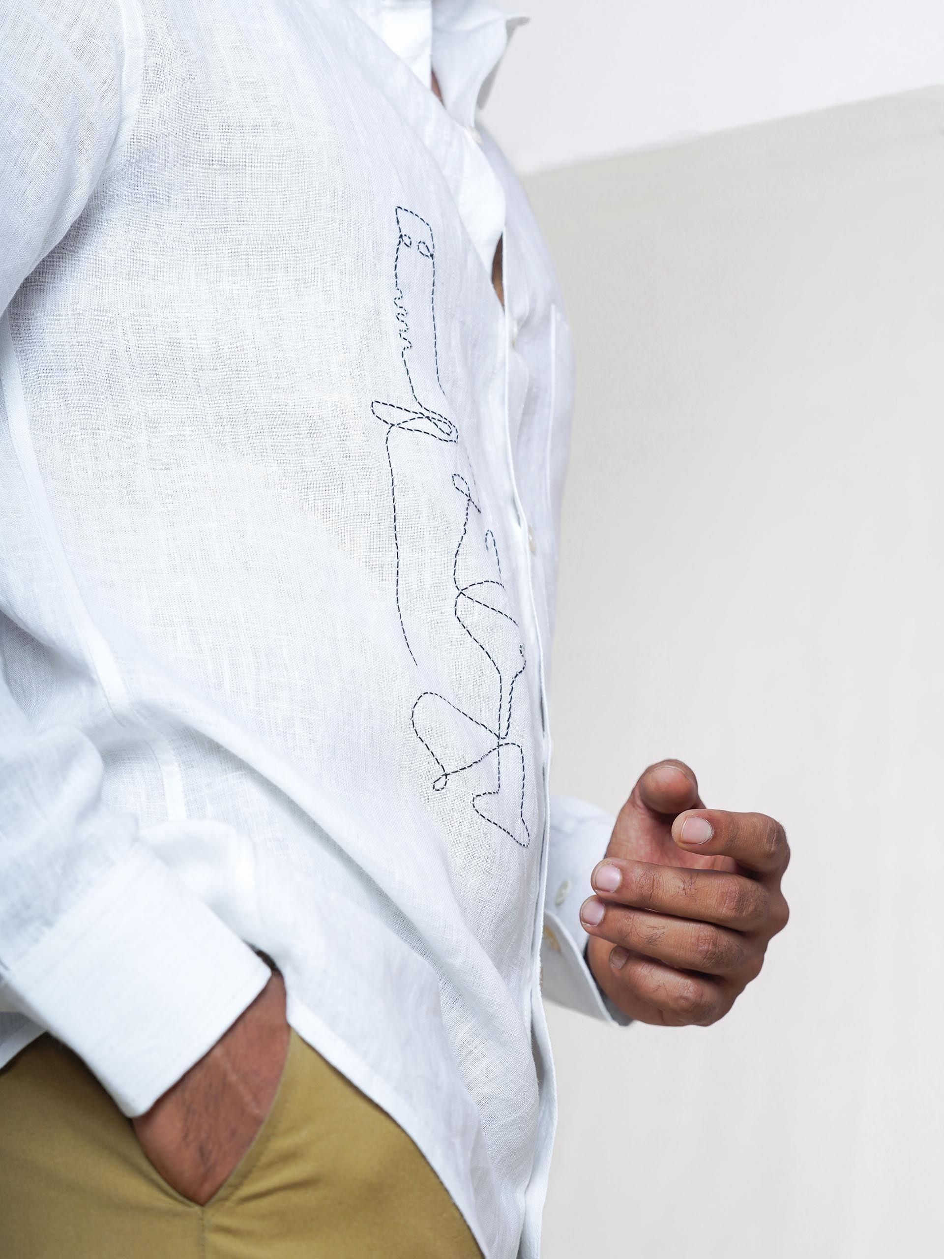 White Linen Hand Embroidered Men’s Shirt