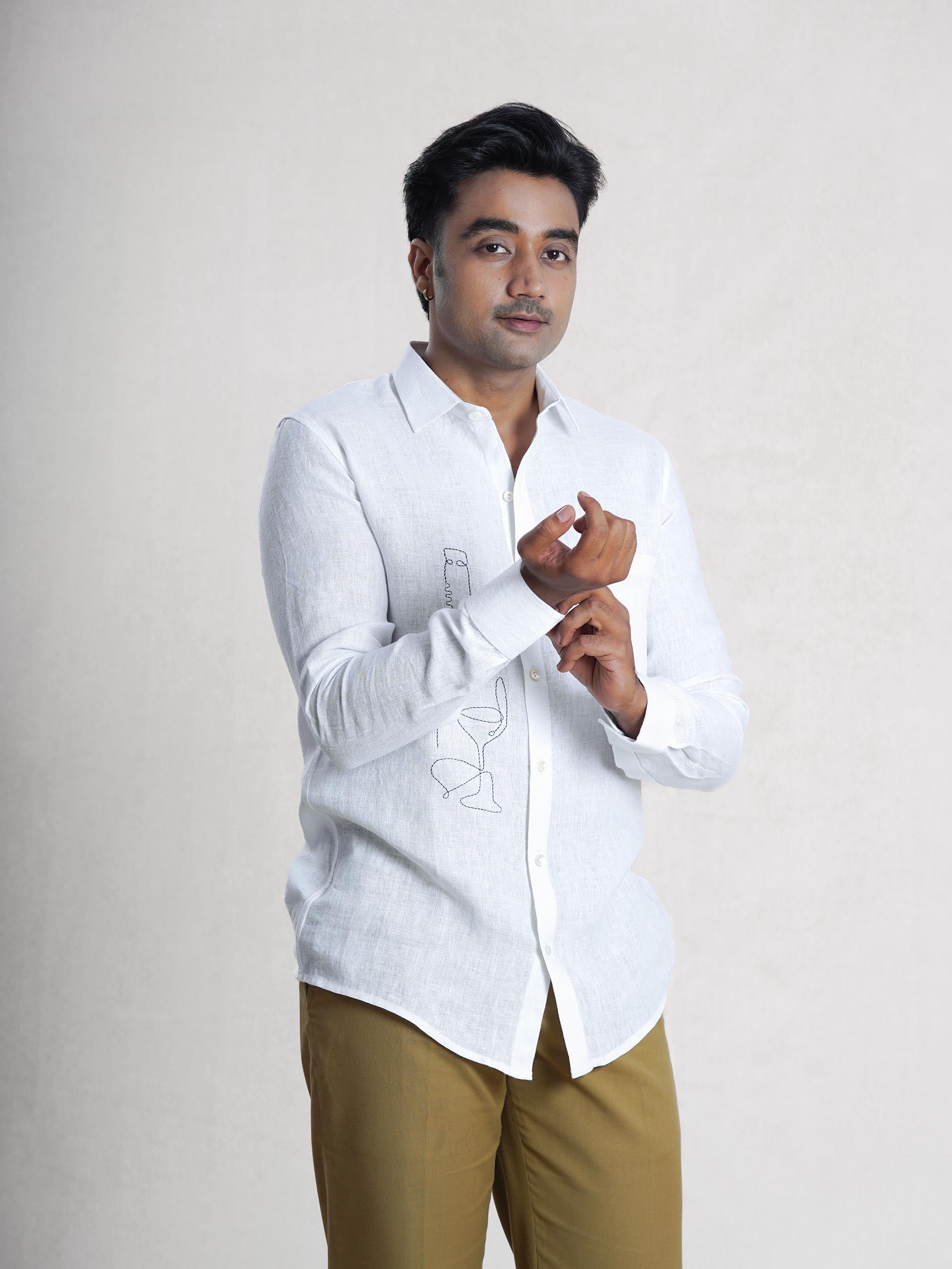 White Linen Hand Embroidered Men’s Shirt