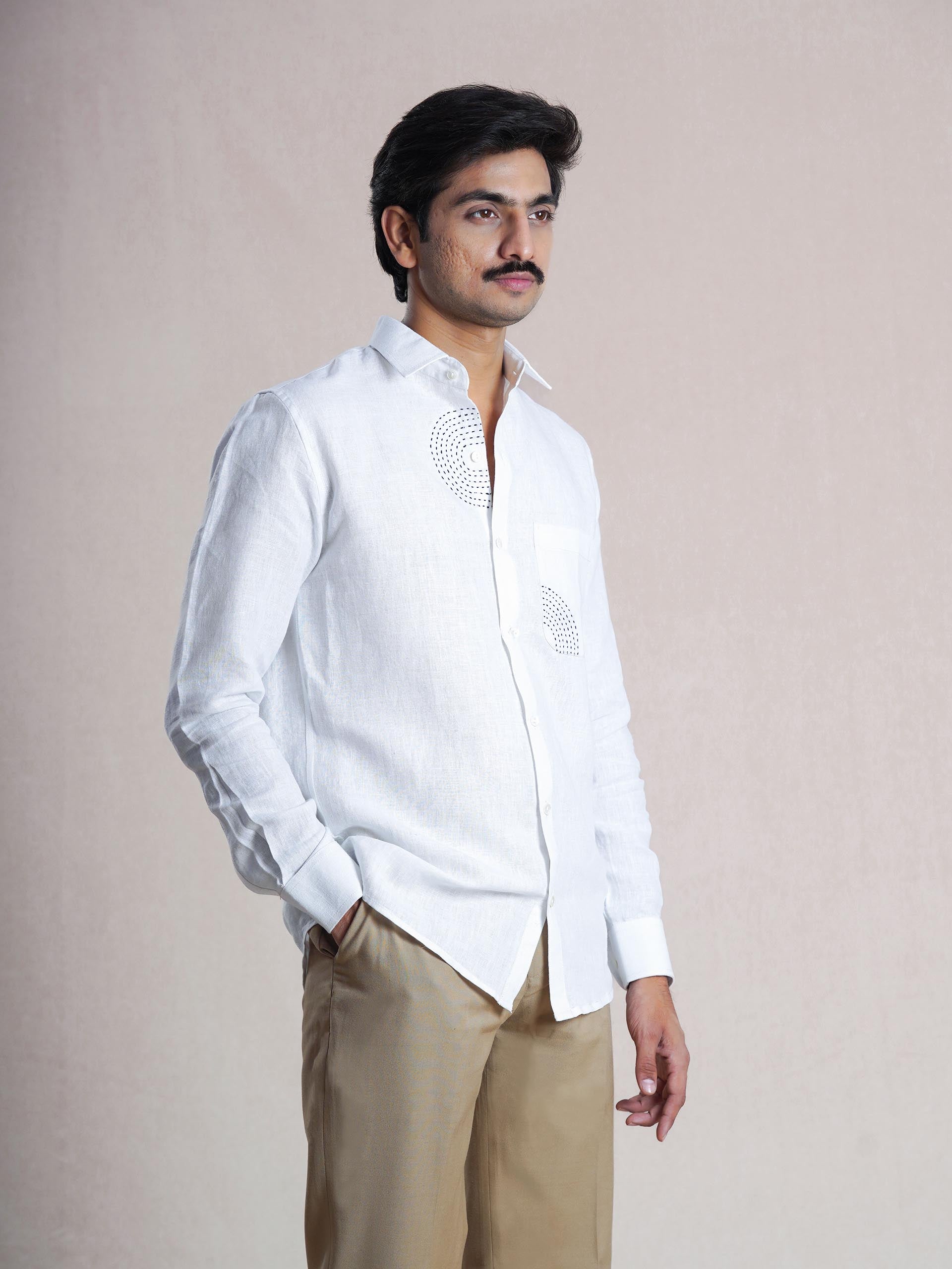 White Linen Sujni Embroidered Men’s Shirt