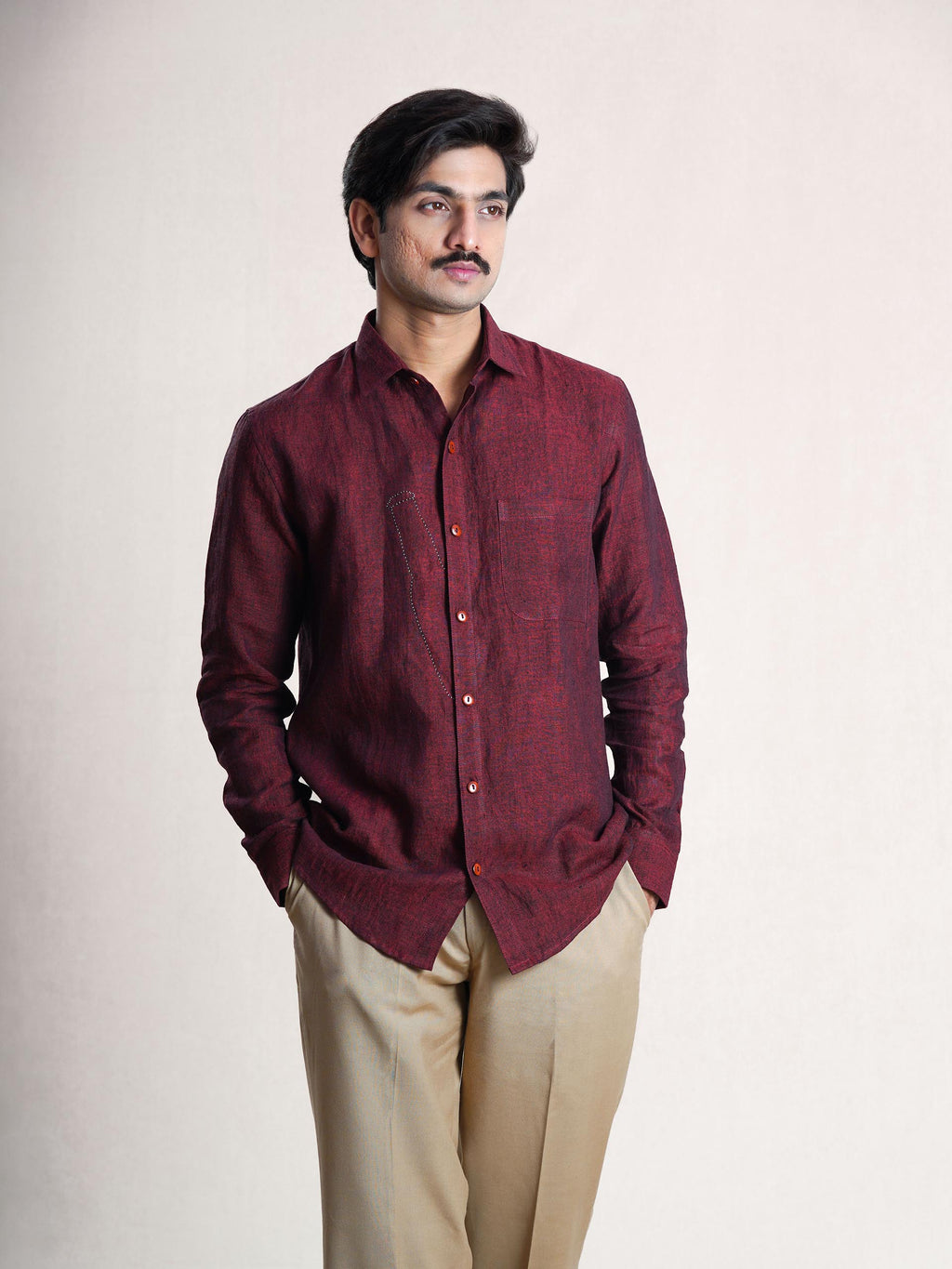 Wine Linen Hand Embroidered Men’s Shirt