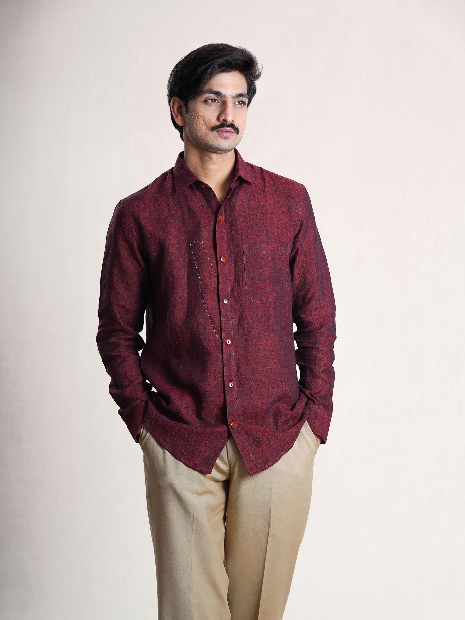 Wine Linen Hand Embroidered Men’s Shirt