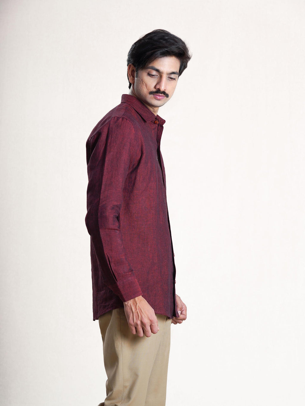 Wine Linen Hand Embroidered Men’s Shirt