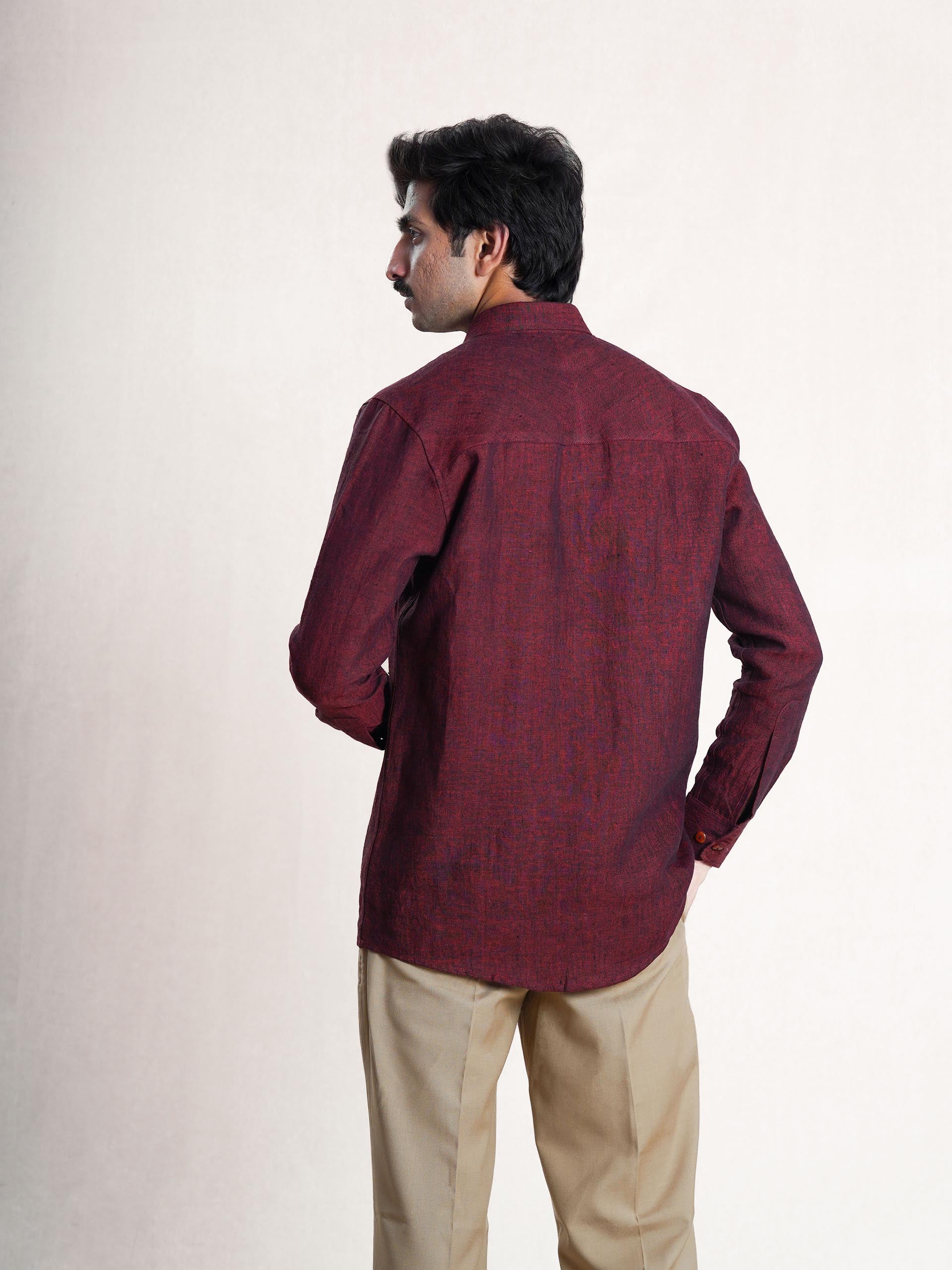 Wine Linen Hand Embroidered Men’s Shirt