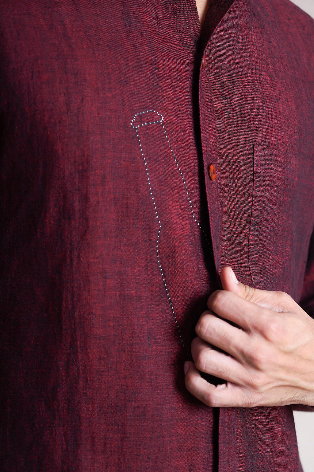 Wine Linen Hand Embroidered Men’s Shirt