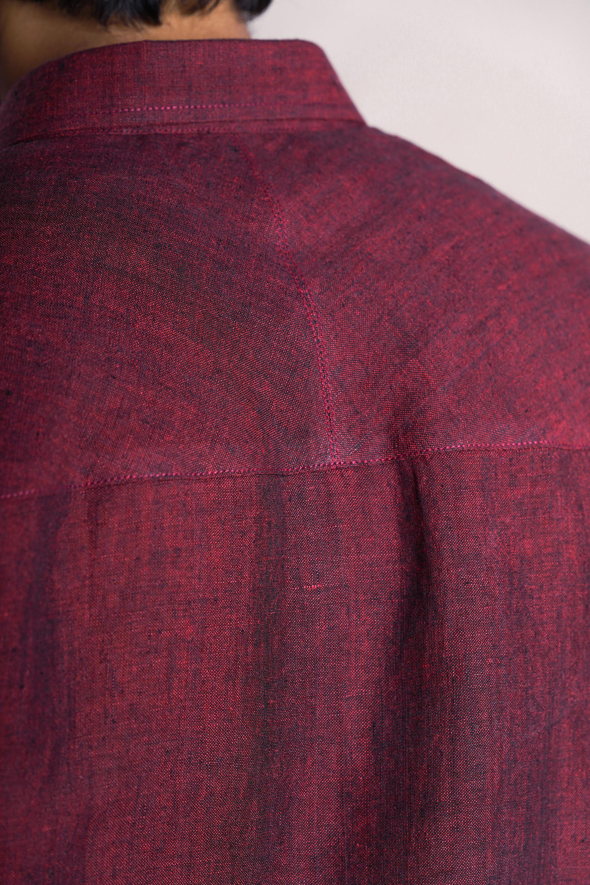 Wine Linen Hand Embroidered Men’s Shirt