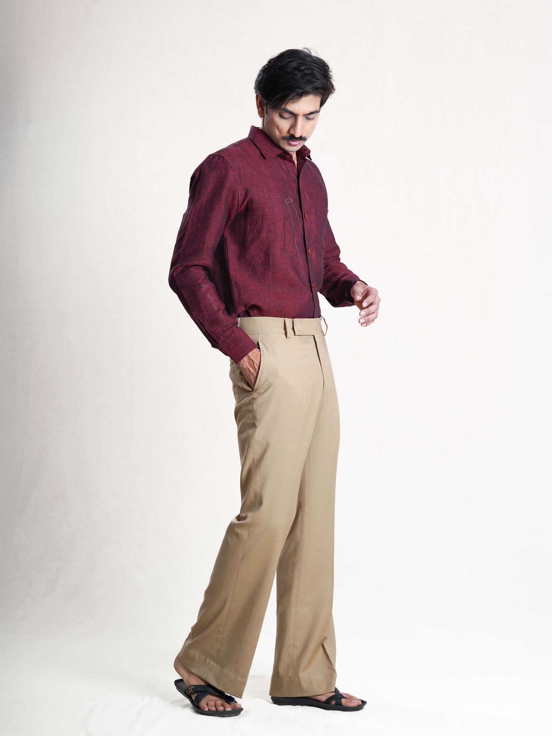 Wine Linen Hand Embroidered Men’s Shirt