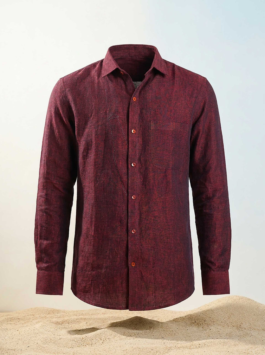 Wine Linen Hand Embroidered Men’s Shirt
