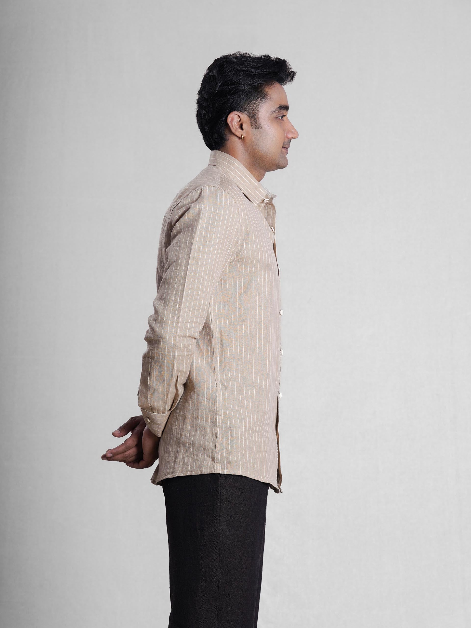 Khaki Linen Hand Embroidered Men’s Shirt
