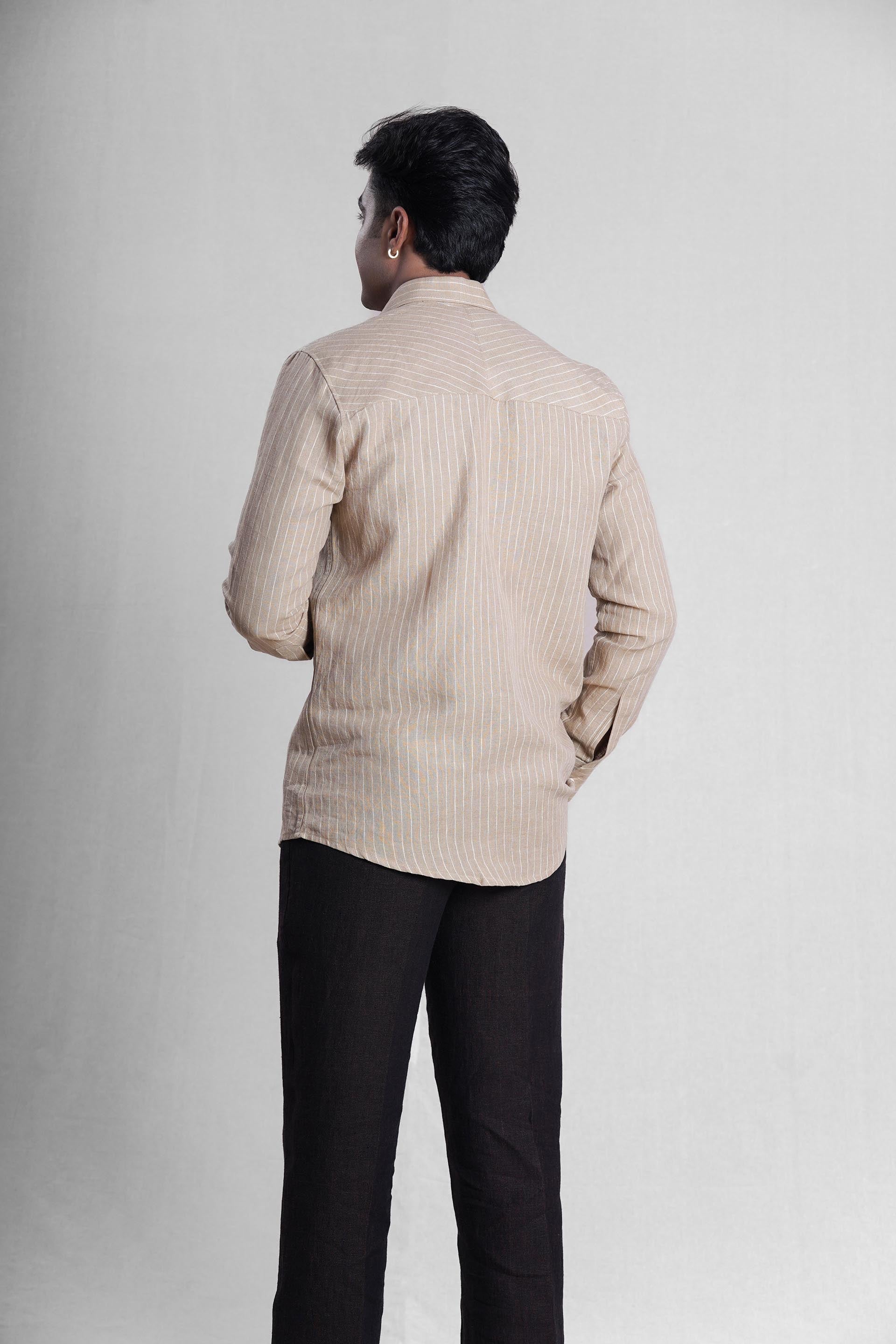Khaki Linen Hand Embroidered Men’s Shirt