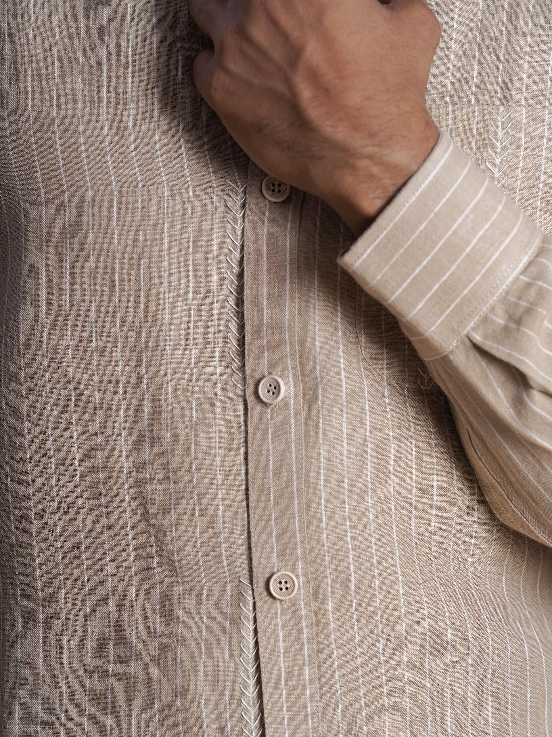 Khaki Linen Hand Embroidered Men’s Shirt