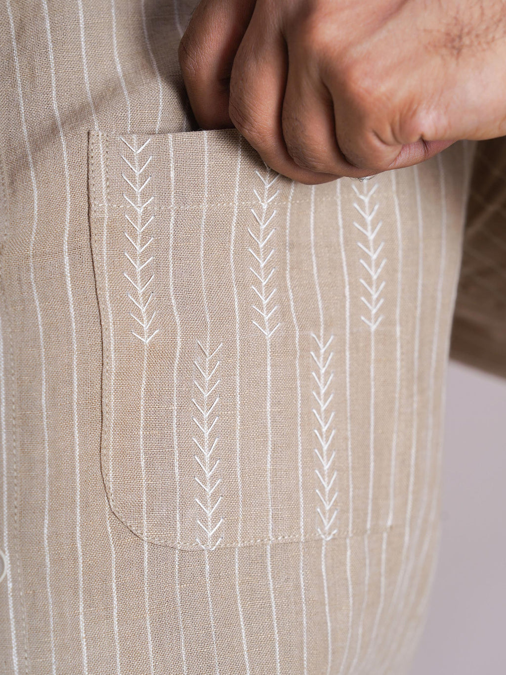 Khaki Linen Hand Embroidered Men’s Shirt