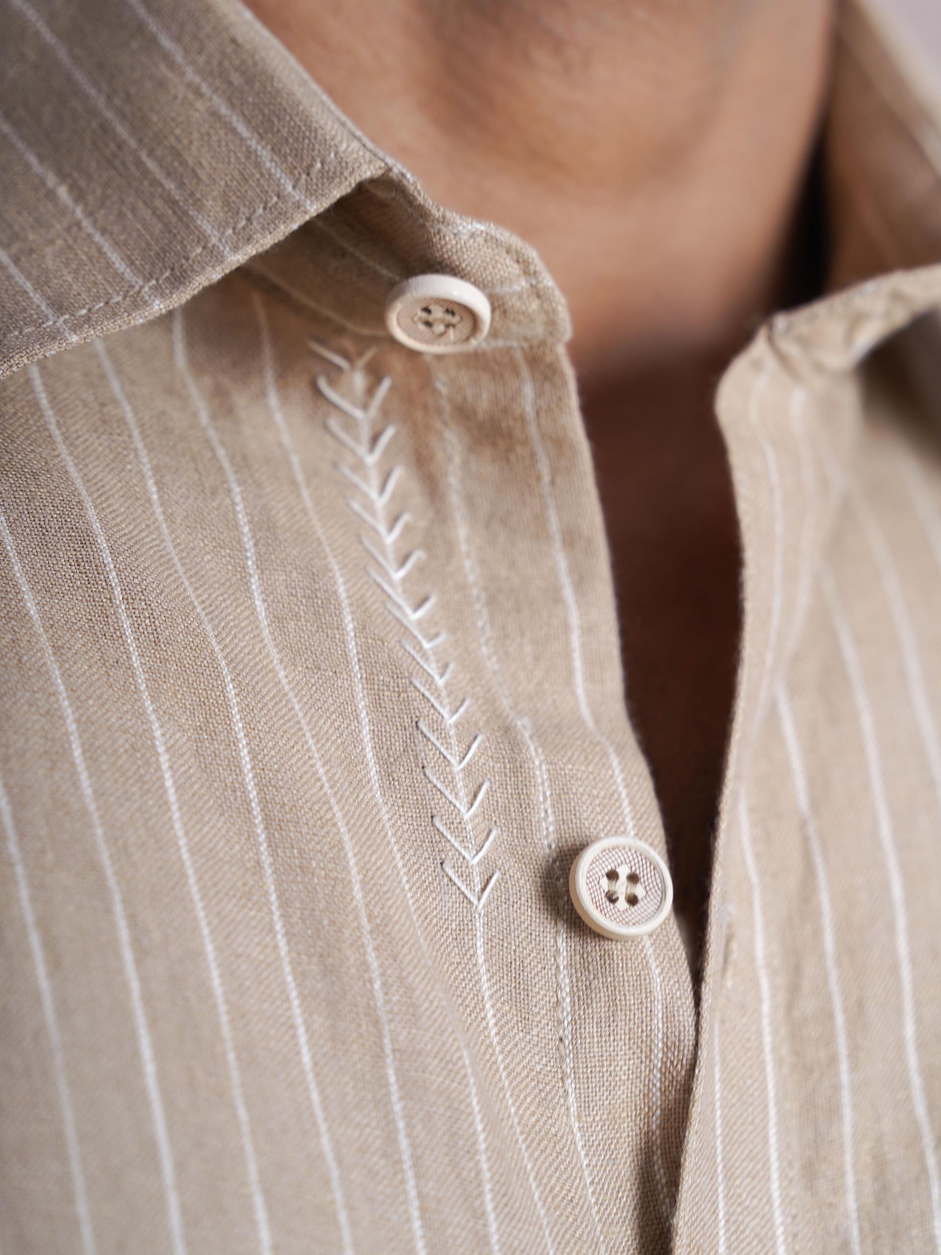 Khaki Linen Hand Embroidered Men’s Shirt