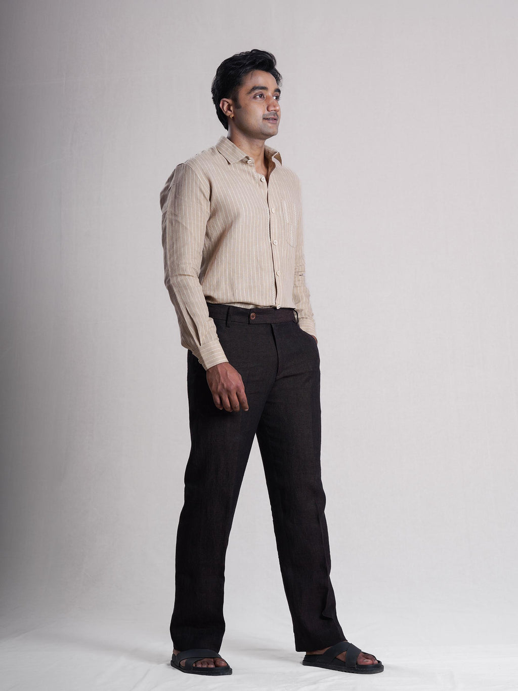 Khaki Linen Hand Embroidered Men’s Shirt