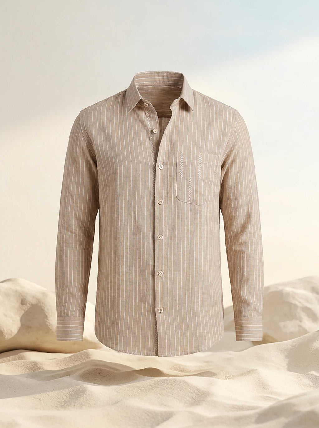 Khaki Linen Hand Embroidered Men’s Shirt