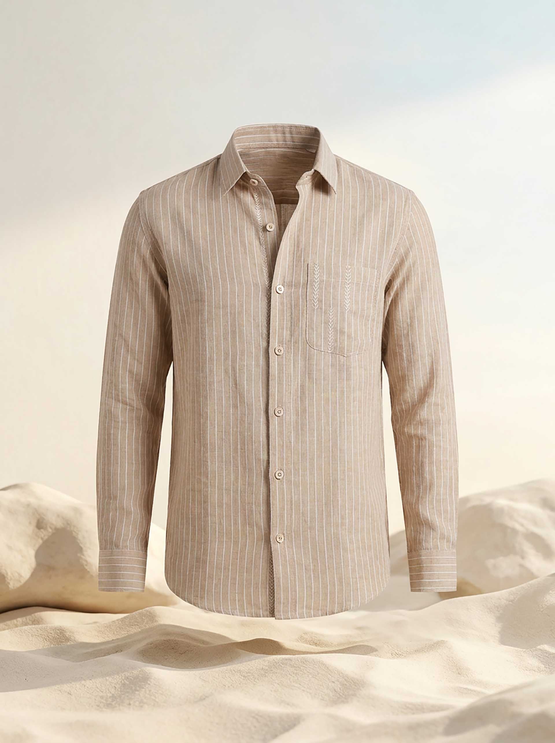 Khaki Linen Hand Embroidered Men’s Shirt