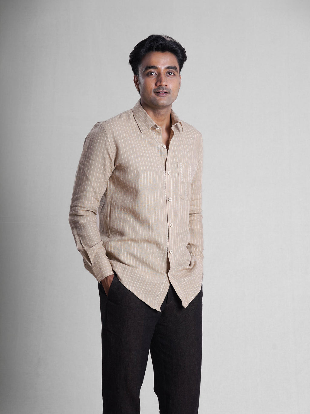 Khaki Linen Hand Embroidered Men’s Shirt
